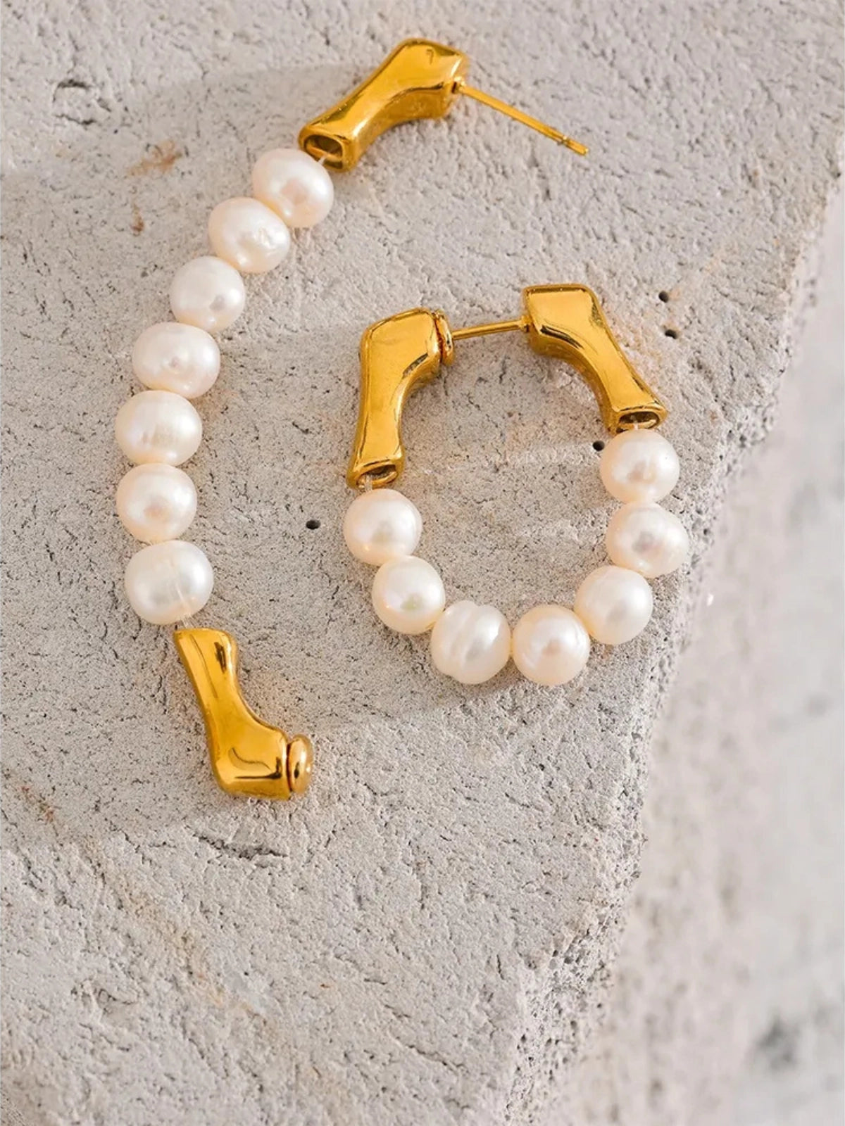 Close‑up of Seafoam Pearl Earrings by Shine With Me showing gold‑plated finish, freshwater pearl and high‑quality stainless steel craftsmanship.