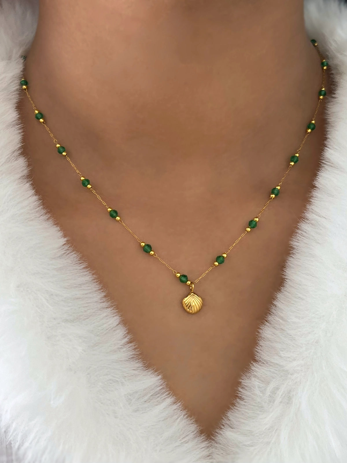 Shell Bloom Necklace worn around neck — 18K gold‐plated stainless steel chain (41 cm + 5 cm) by Shine With Me, styled look.