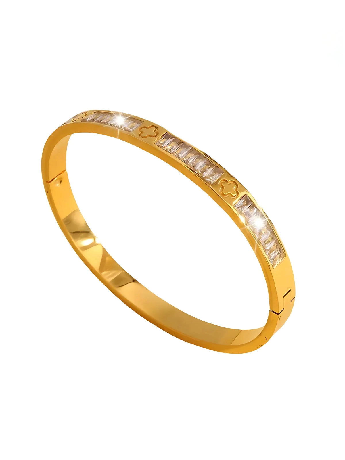 Solara Bracelet luxury 18K gold-plated stainless steel bracelet by Shine With Me, front view with cubic zirconia detail.