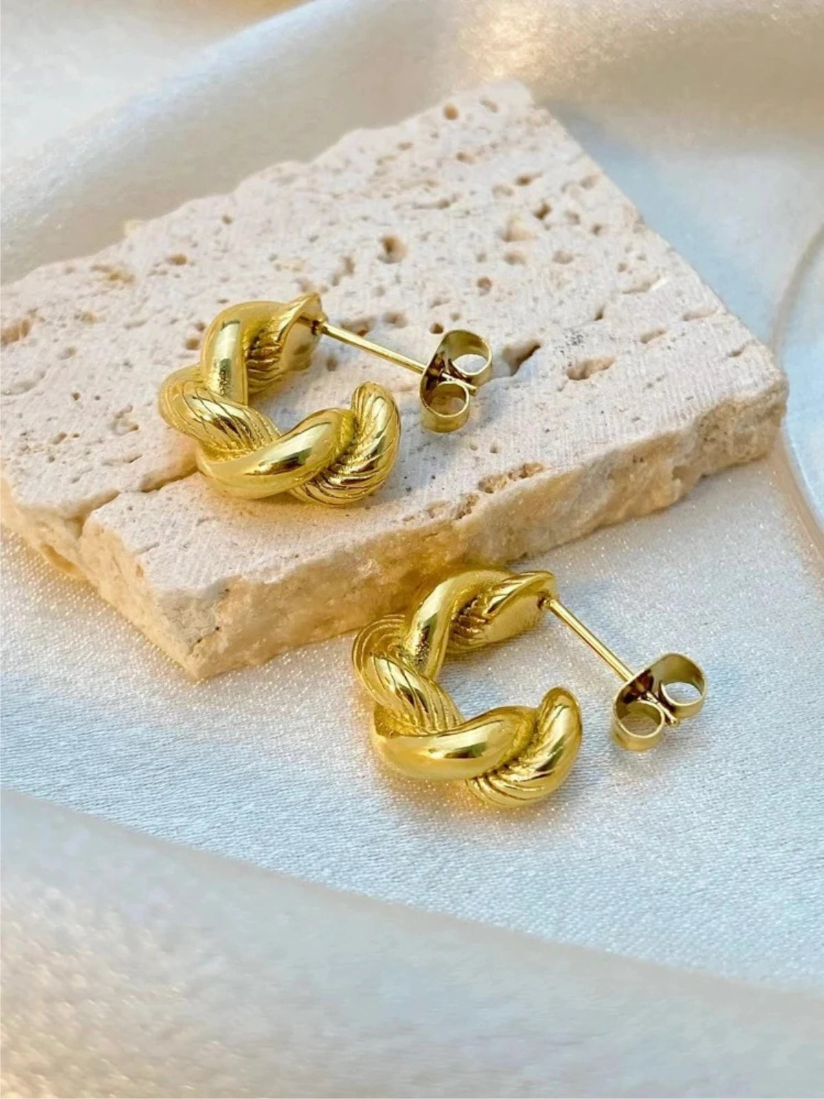 Close‑up of Sophie Hoop Earring by Shine With Me showing the gold‑plated finish, stainless steel base and fine craftsmanship.