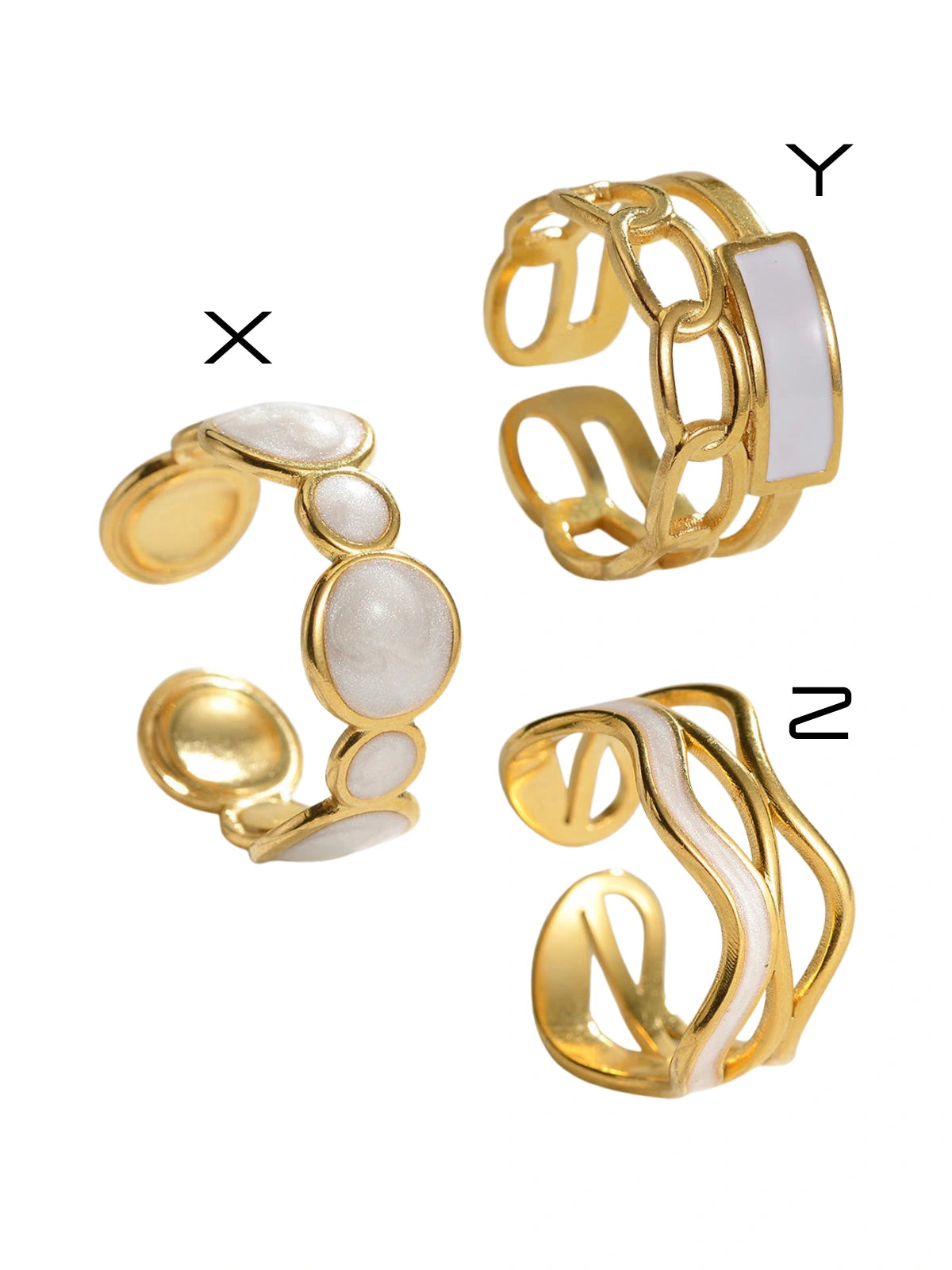 Sozi RINGS Three gold and white rings labeled X, Y, and Z on a white background