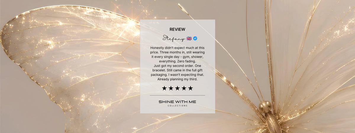A centered white review card with text and star ratings overlaid on a decorative background of large gold wing-like forms on a beige backdrop. Stefany review for shine with me collection jewellery