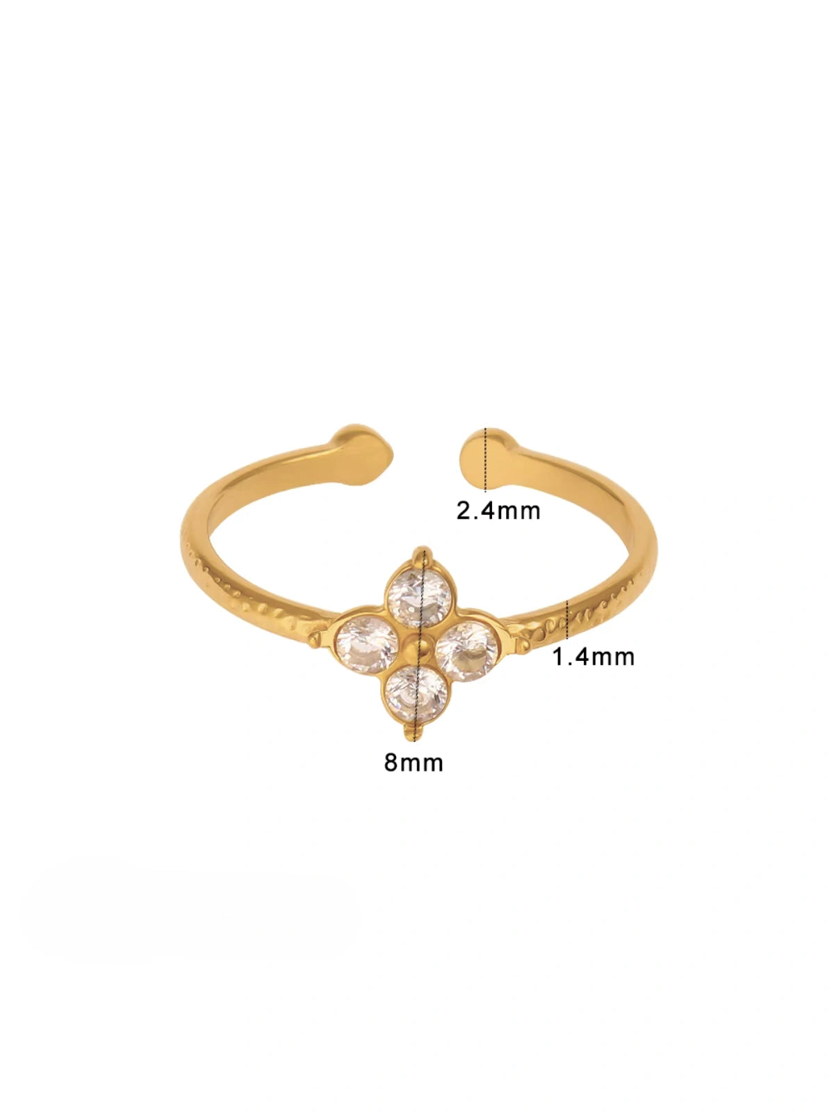 Stella Petal Ring – Close-Up Detail-Gold bracelet with diamond-like stones and measurements on a white background