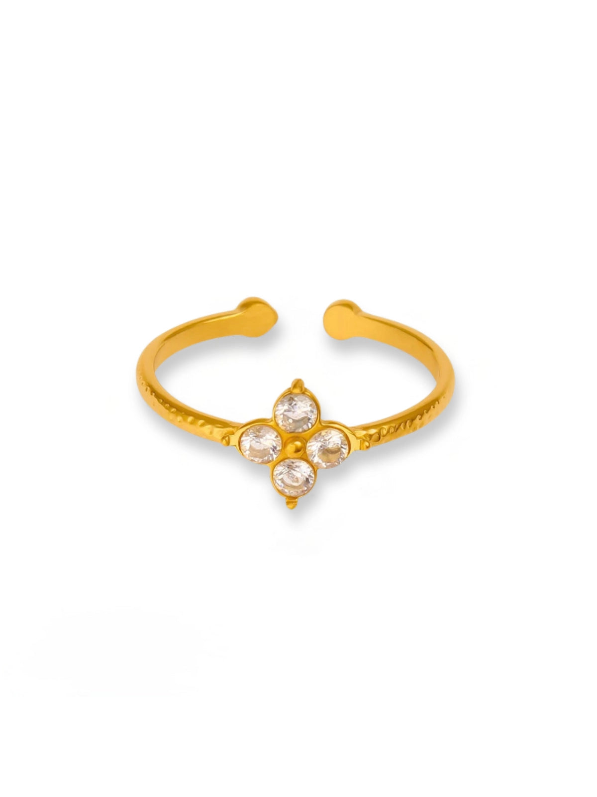 Stella Petal Ring luxury 18K gold-plated stainless steel & cubic zirconia by Shine With Me, front view showing petal-inspired design-Gold open ring with floral design and clear stones on a white background