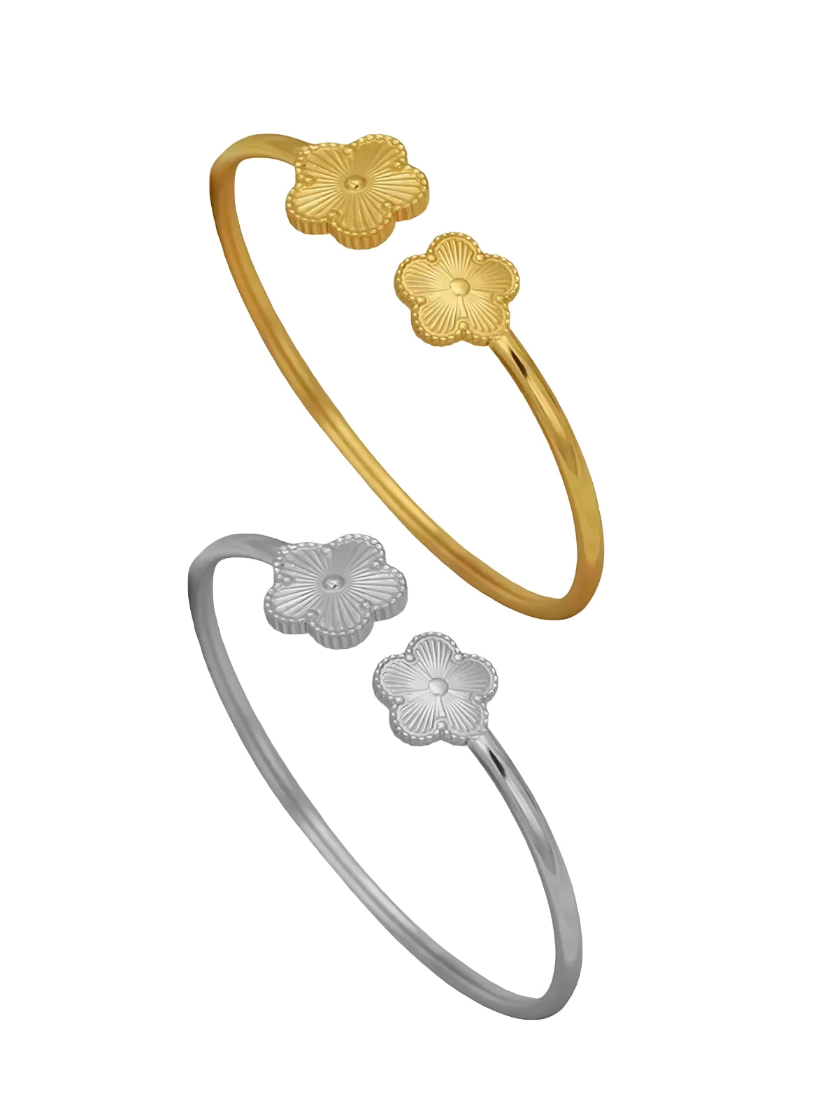 Sunveil Bangle Gold and silver bangle sets with floral designs on a white background