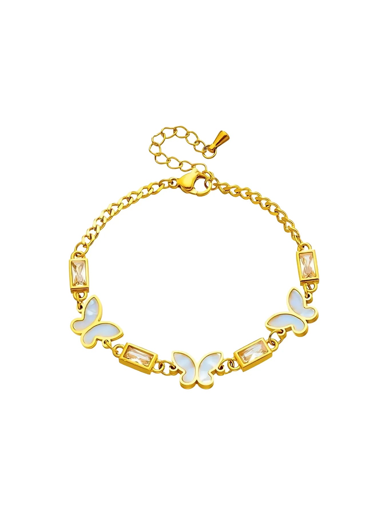 Sway Bracelet luxury 18K gold-plated stainless steel bracelet by Shine With Me, front view-A gold-colored bracelet with butterfly-shaped charms and a chain link closure.