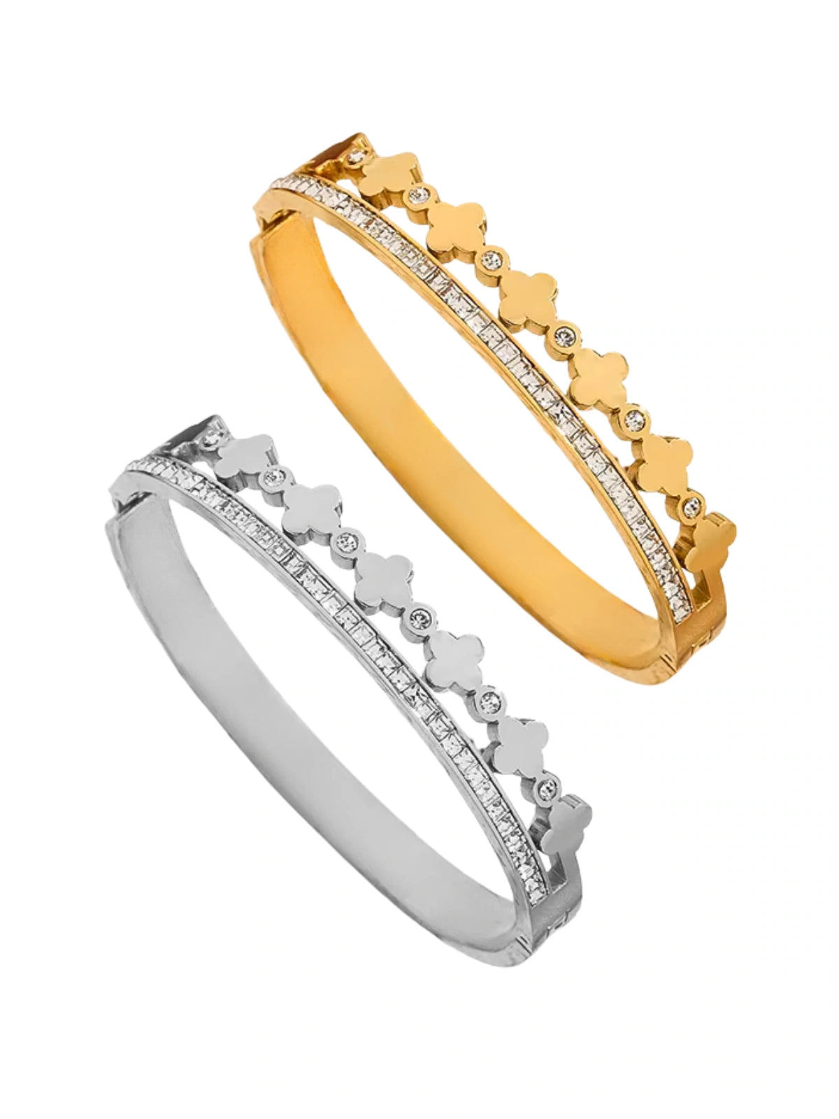 Twilight Clover Bangle luxury 18K gold-plated stainless steel by Shine With Me, front view showing clover motif and cubic zirconia accents.