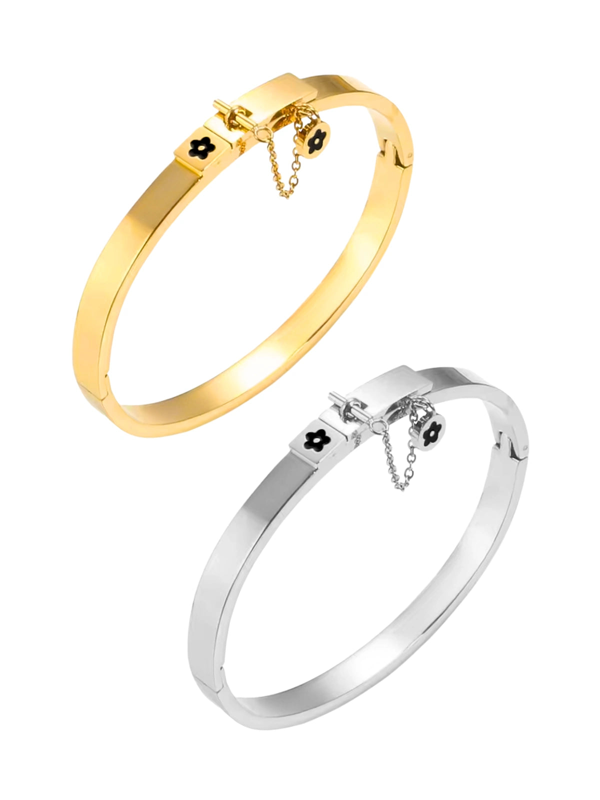 Velora FLOWER BANGLE by Shine With Me displayed in both Gold and Silver variants — 18K gold-plated stainless steel, size 65 mm, floral design.