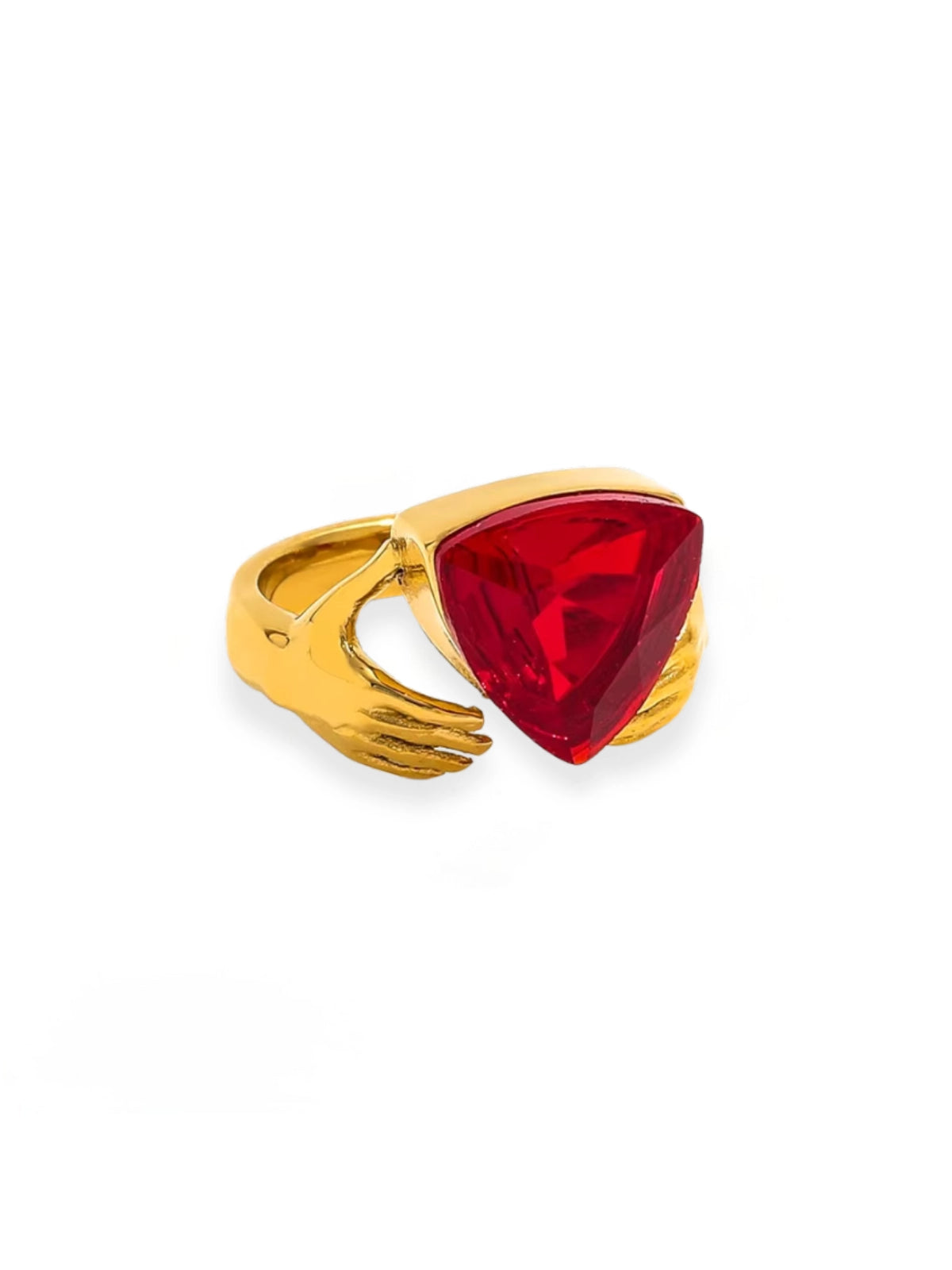 Vivienne Ring luxury 18K gold‑plated stainless steel by Shine With Me, front view of ring in gold finish-Gold ring with a red triangular stone on a white background