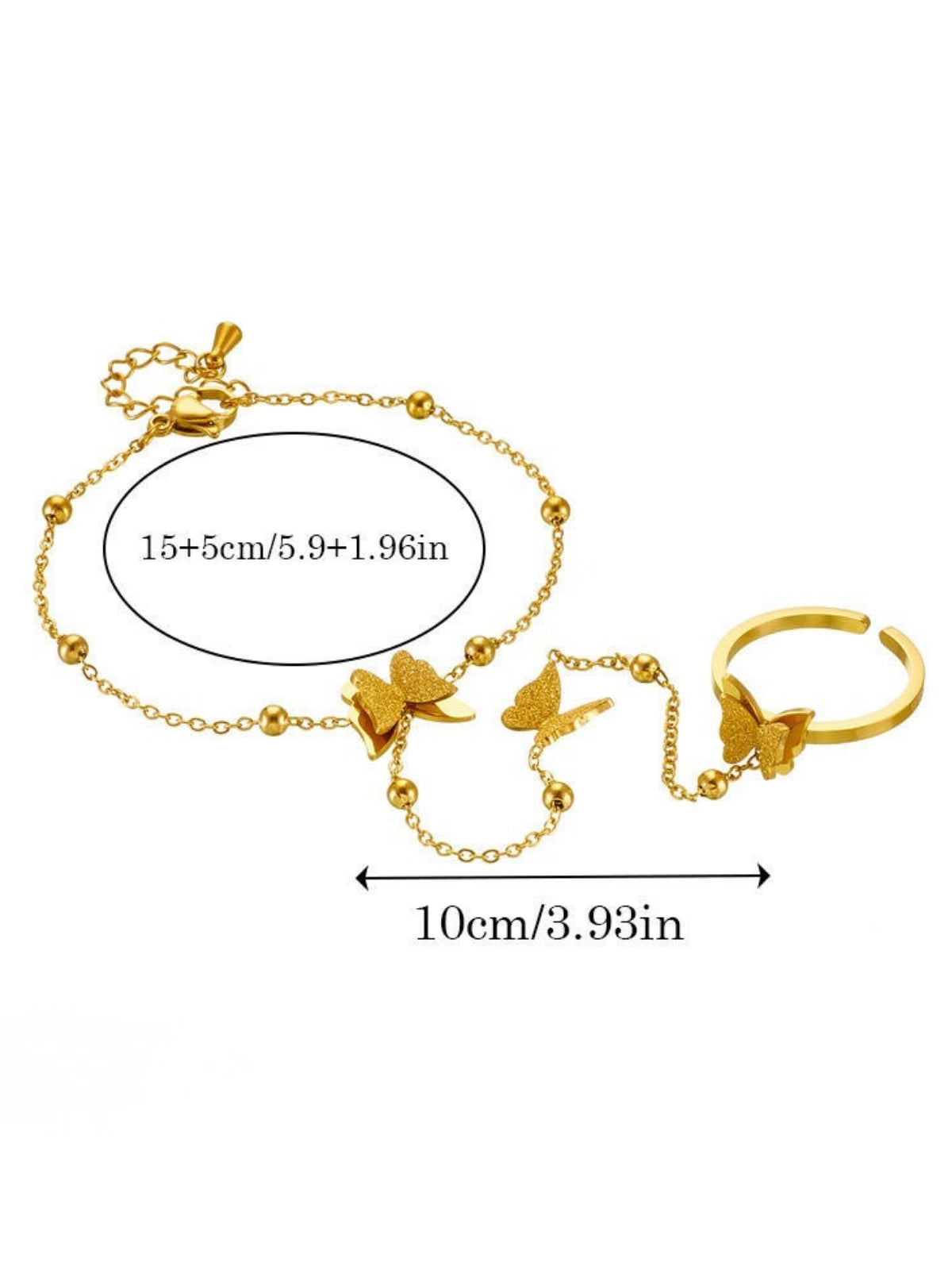 butterfly-hand-lace-front-view-shine-with-me. Gold bracelet and ring set with butterfly designs on a white background