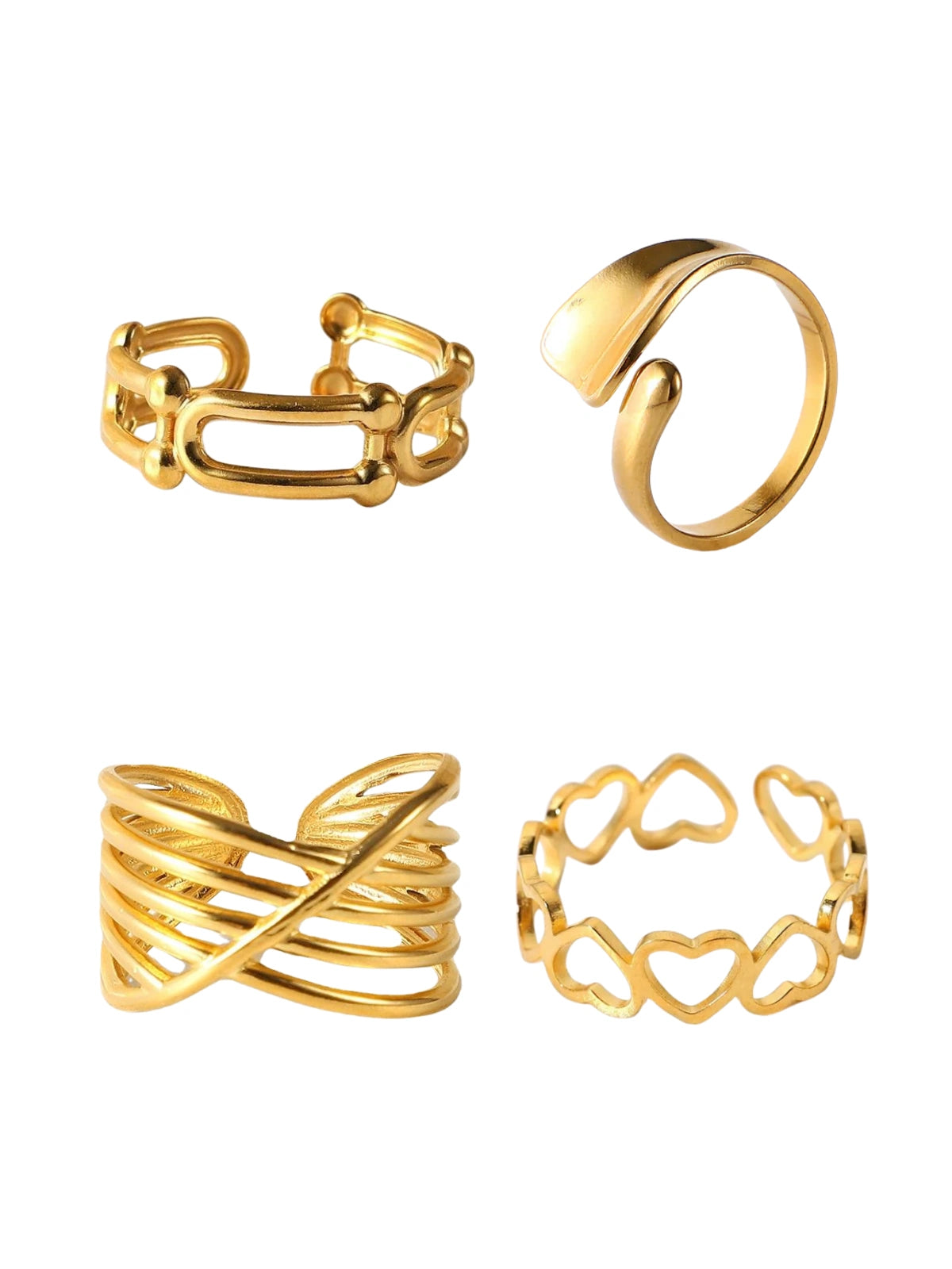 daily-rings-front-view-shine-with-me Set of four gold rings on a white background