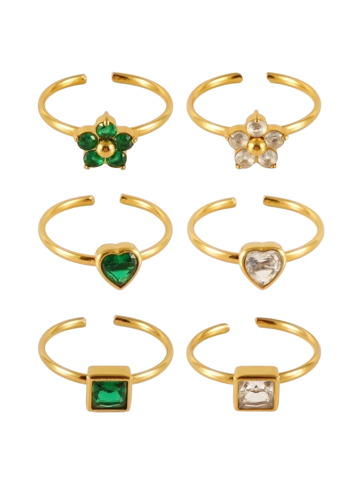 dua-ring-front-view-shine-with-me Set of gold rings with gemstone accents on a white background