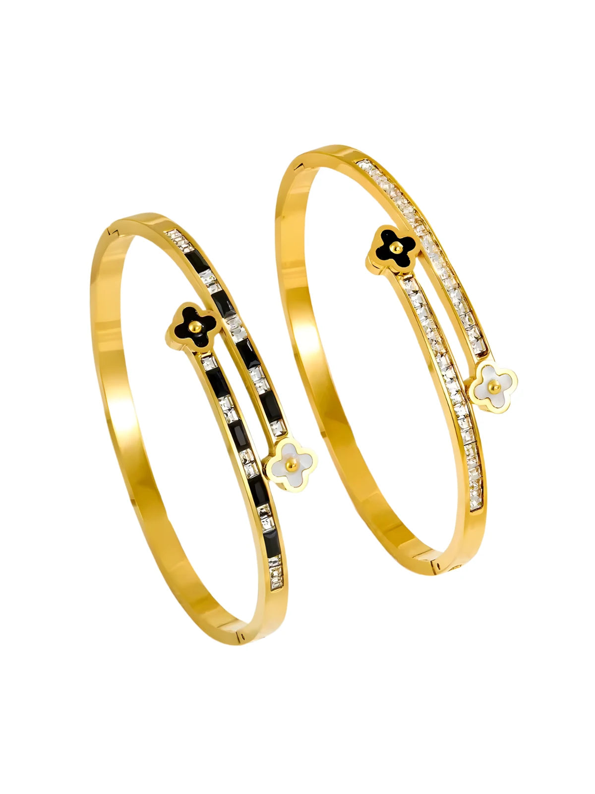 Shine With Me Elowen Clover Bangle 18K gold plated with clover design. Two gold bangles with black and white accents on a white background