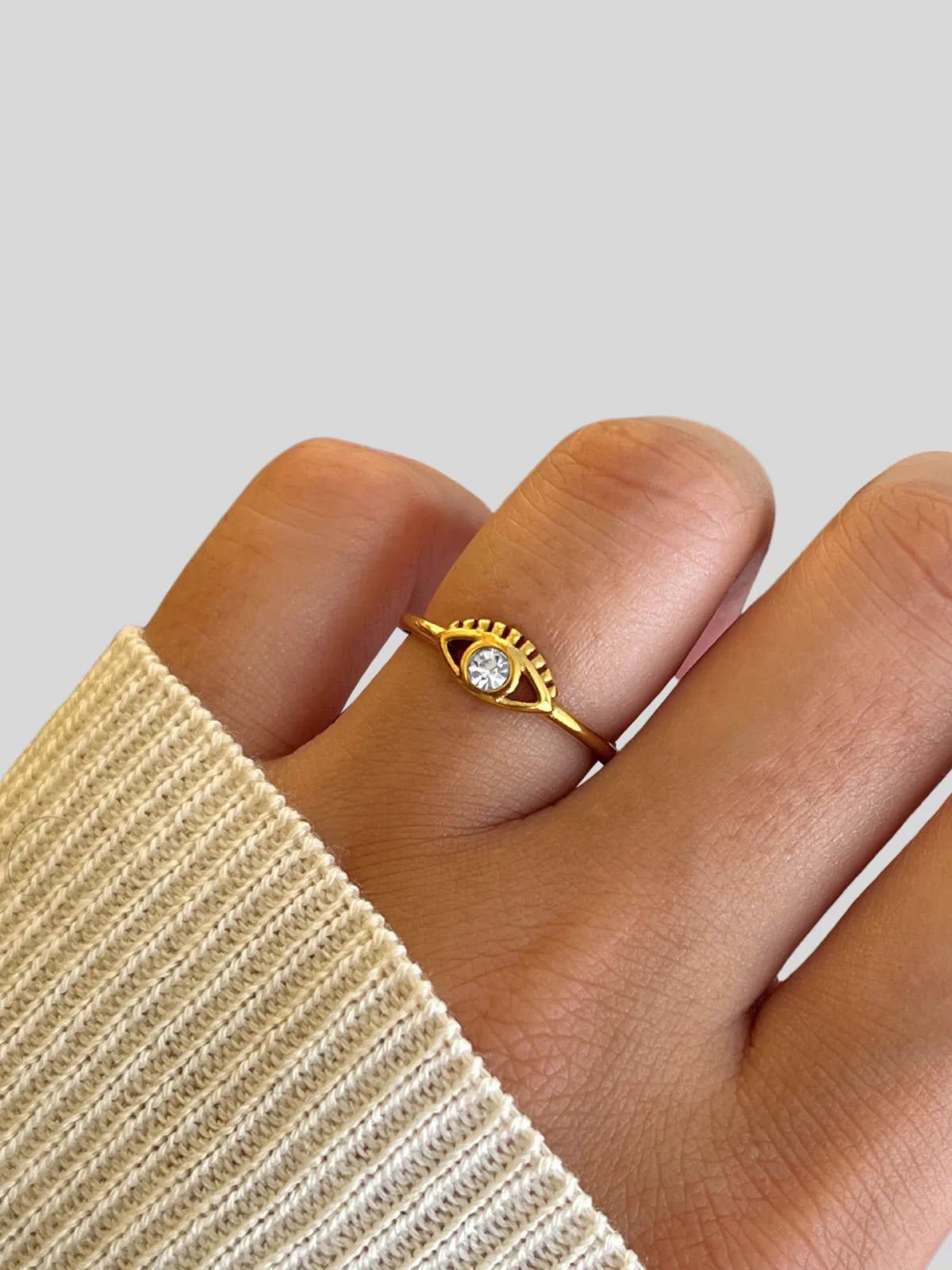 Golden Eye Charm Ring – Side angle showing unique eye charm design – Shine With Me