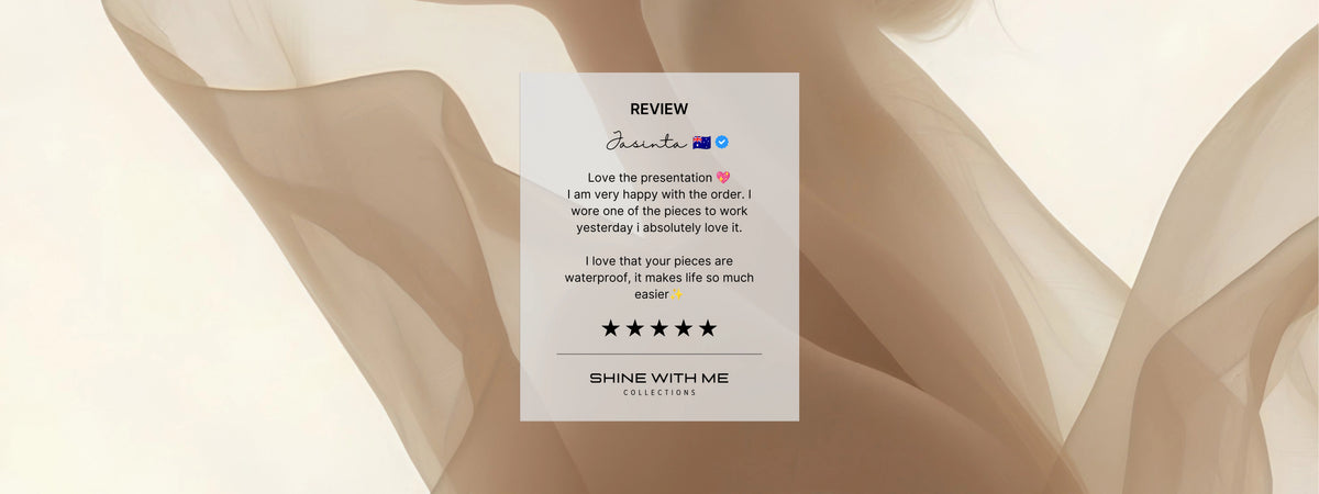 A vertical white card with text and star icons centered over an abstract beige background with soft draped shapes. The card reads 'REVIEW' with a review quote, small social icons, and 'SHINE WITH ME COLLECTION' at the bottom.