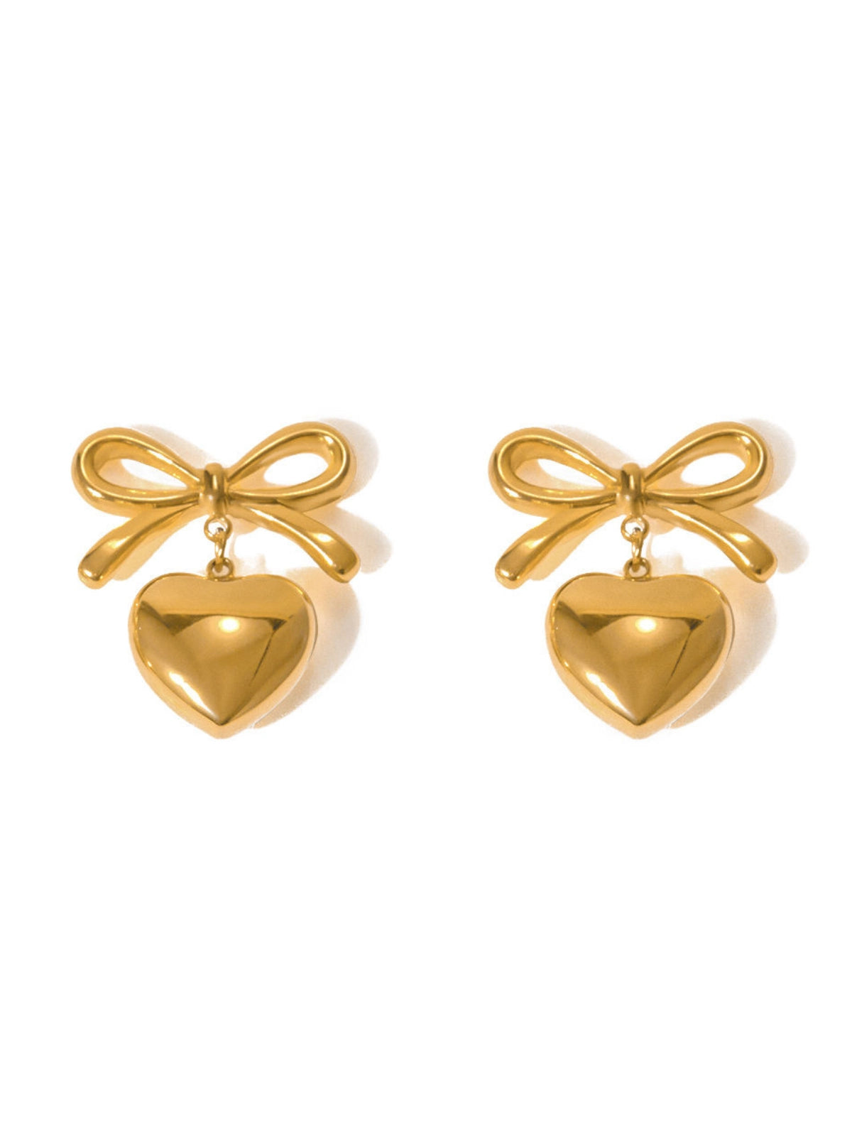 Kesha Bow Earring luxury 18K gold‑plated stainless steel bow‑design by Shine With Me, front view-Gold heart-shaped earrings with bow details on a white background