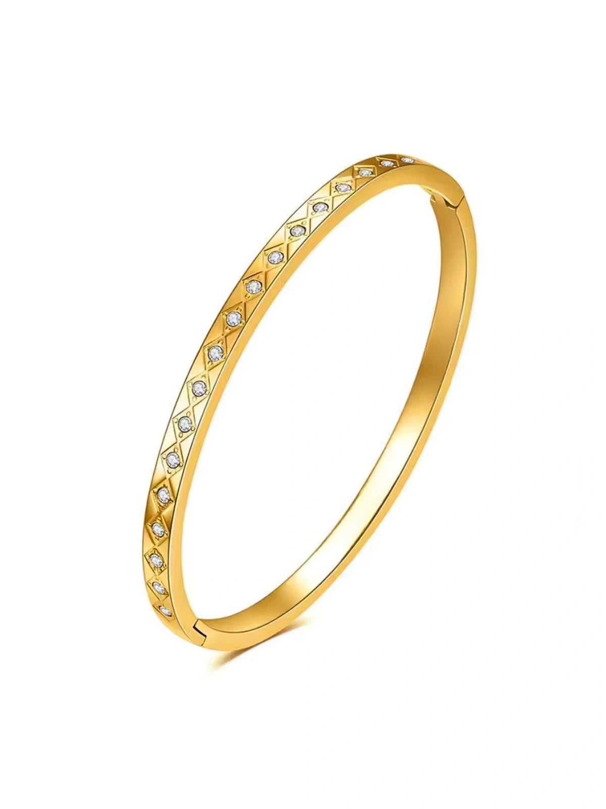 Shine With Me Lunara Clover Bangle gold plated elegant jewelry piece. Gold bangle with small stones on a white background