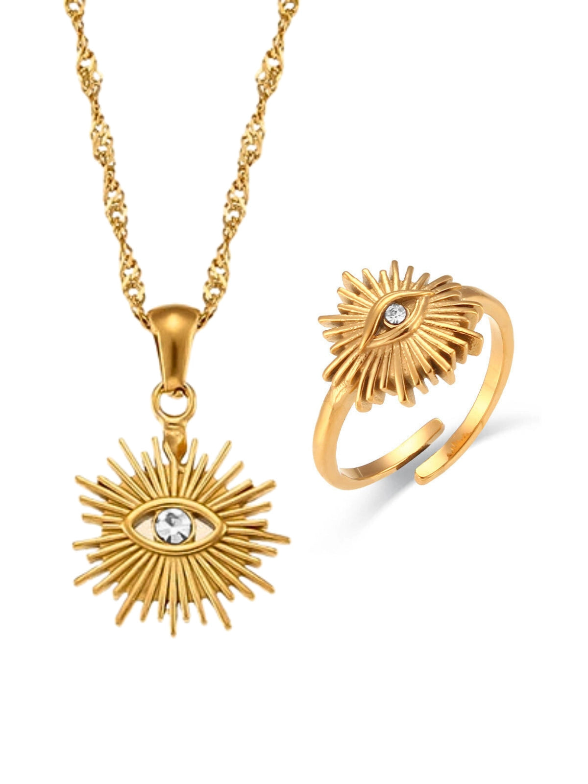 rawah-ring-necklace-front-view-shine-with-me Gold sun-shaped pendant necklace and ring set on a white background