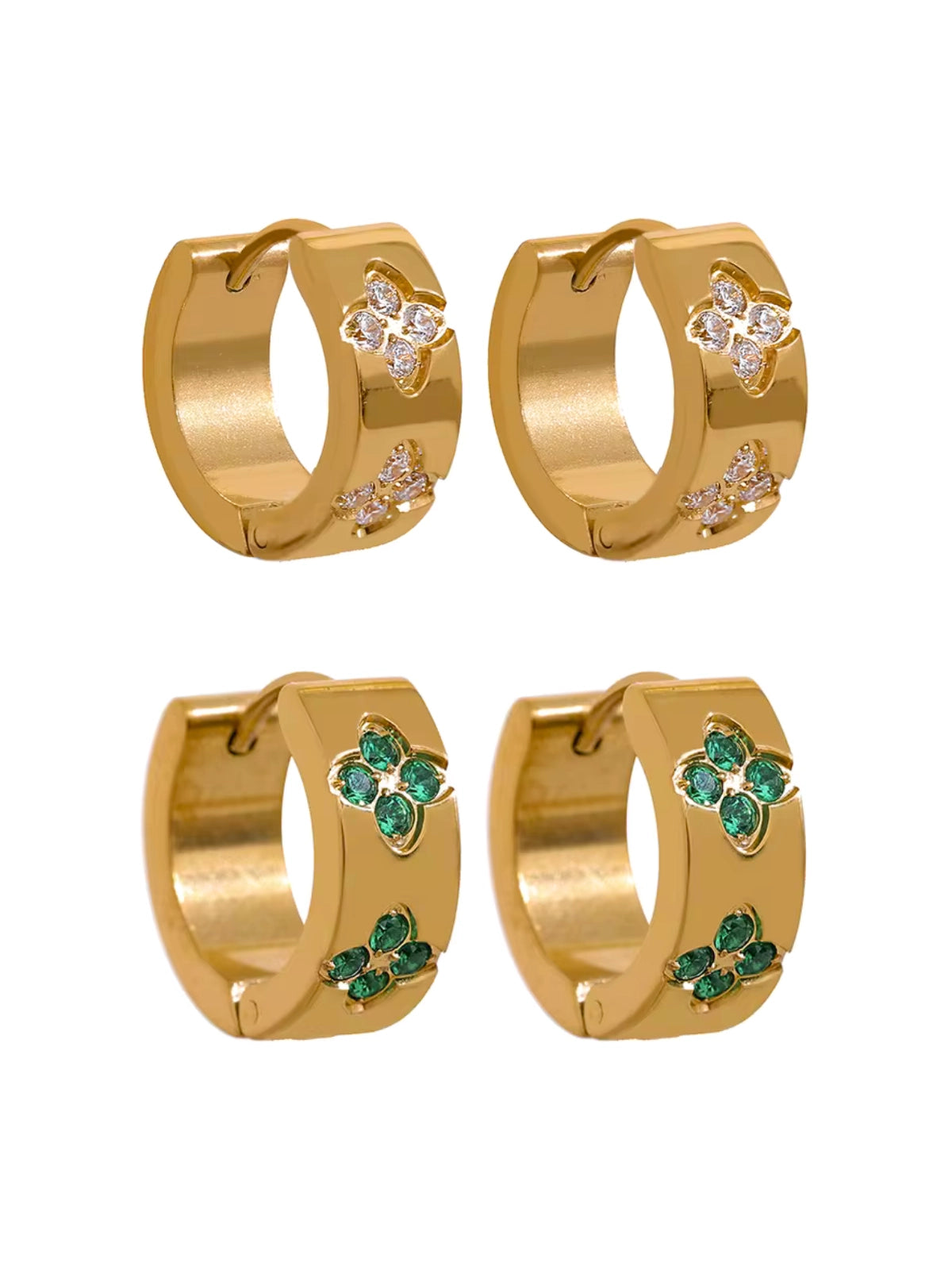 Reva Hoop Earring by Shine With Me displayed in Green and Clear variants — 18K gold‑plated stainless steel hoop, ready for gifting.