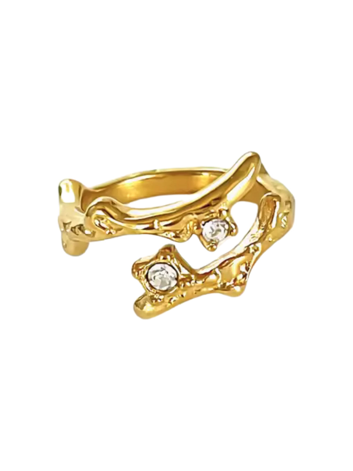 Romy Ring by Shine With Me – Gold plated ring front view.An 18K gold plated stainless steel ring with a decorative design and small embedded stones, on a white background.