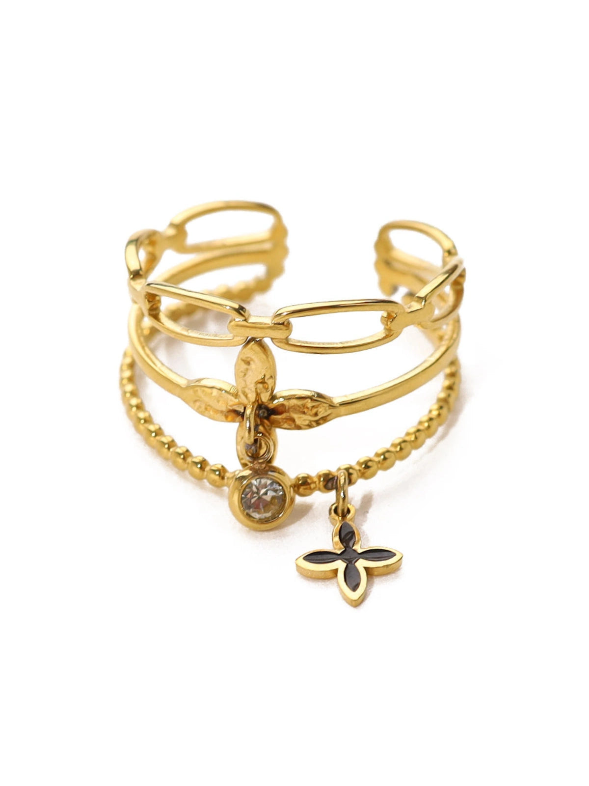 selora-clover-ring-front-view-shine-with-me Gold patle charms on a white background