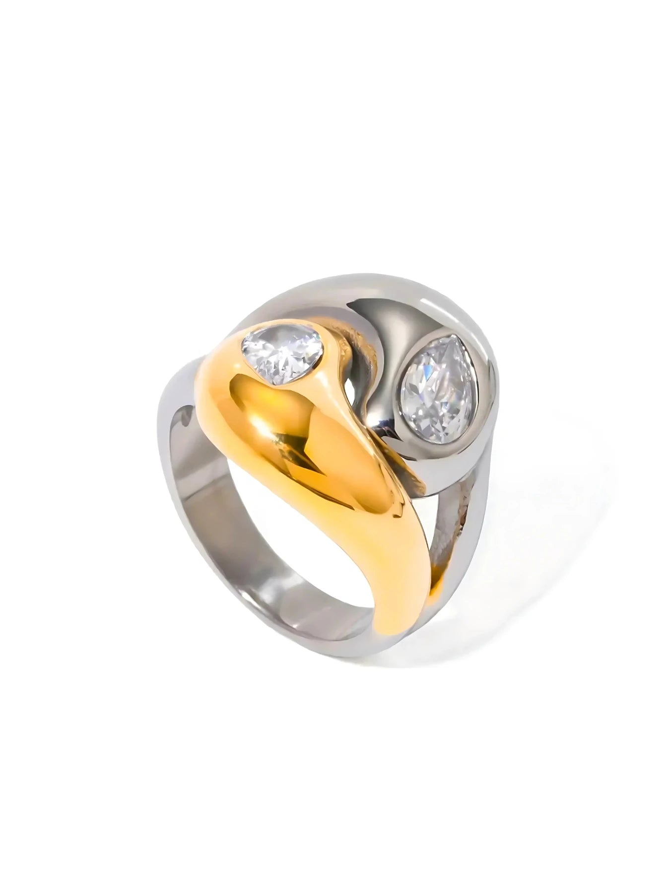 starlet-ring-front-view-shine-with-me An 18K gold plated ring on stainless steel with two prominent cubic zirconia stones, featuring a dual-tone design with a mix of yellow and white colors.