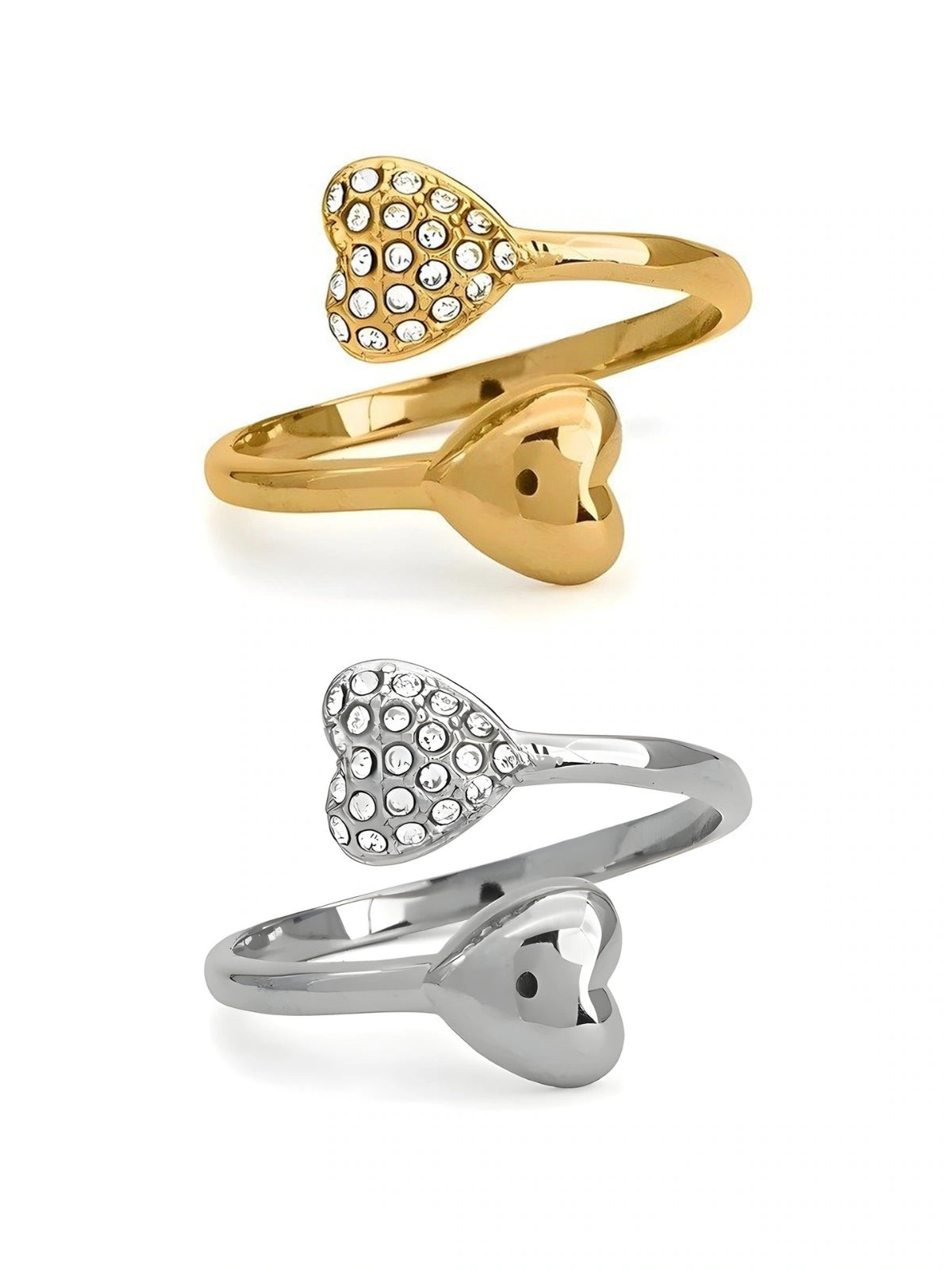 us-together-ring-front-view-shine-with-me Two heart-shaped rings, one gold and one silver, on a white background