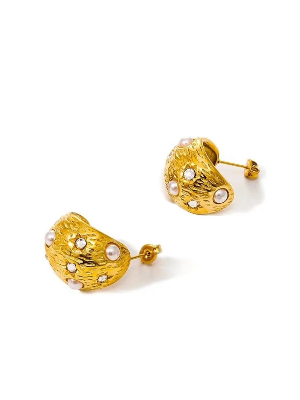 Aelina Earring – Close‑Up Detail-Gold earrings with pearl-like stones on a white background