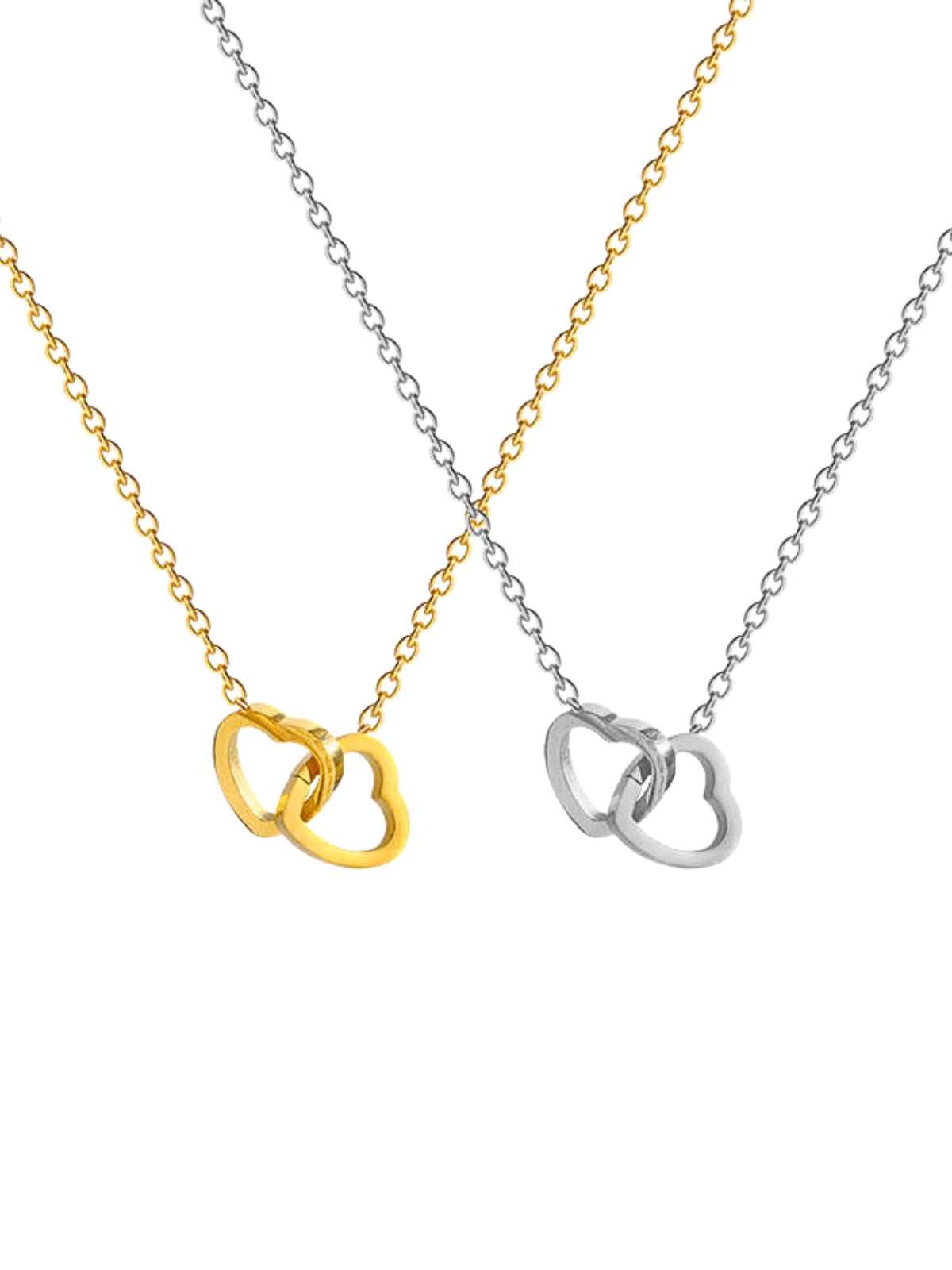 All My Love Necklace by Shine With Me displayed in Gold and Silver variants — 18K gold‑plated stainless steel, chain length 43 cm + 6 cm extender-Two necklaces with interlocking heart pendants, one gold and one silver, on a white background.