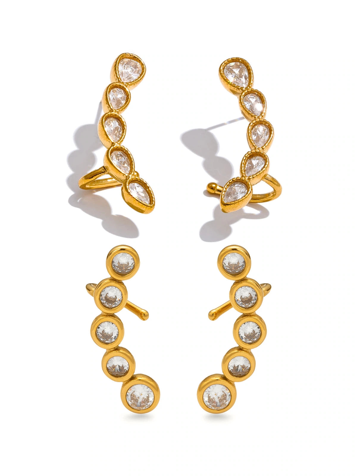Ana Earring & Cuff luxury 18K gold-plated stainless steel with cubic zirconia by Shine With Me, front view-Gold earrings with pearl-like stones on a white background