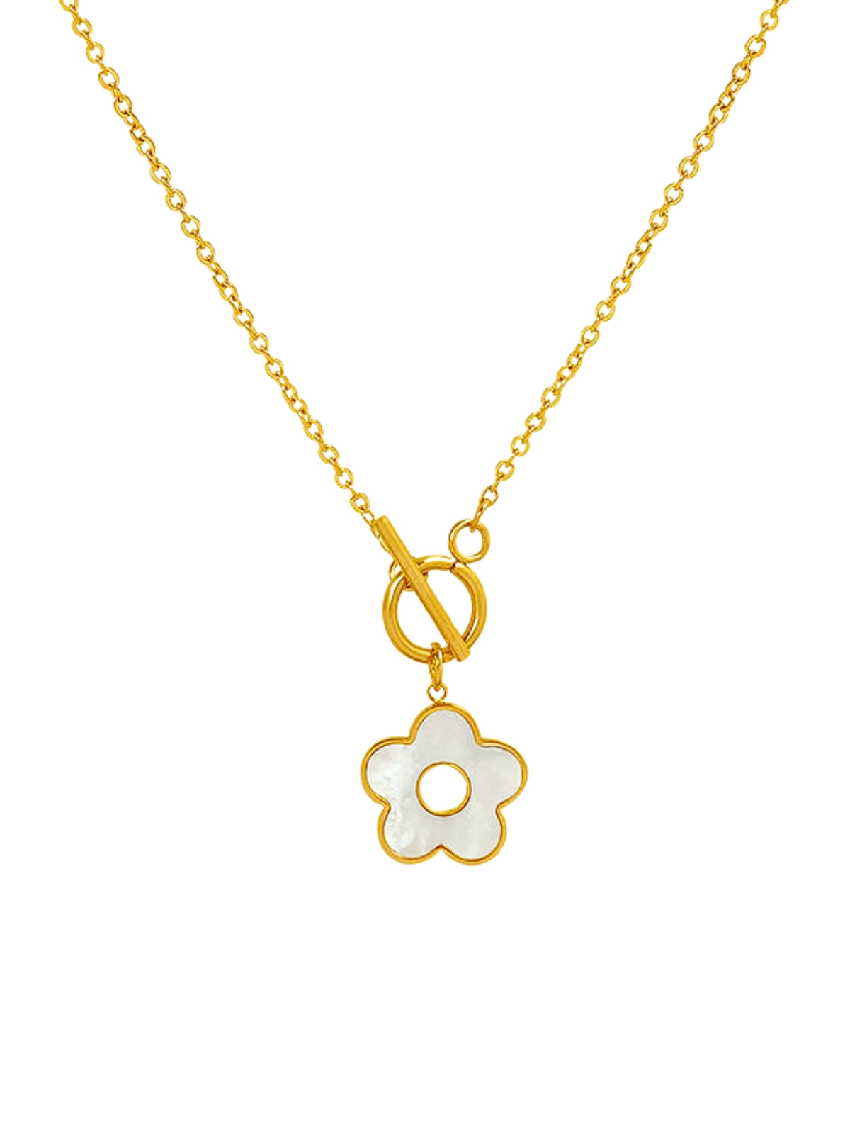 Aria Flower Necklace luxury 18K gold-plated stainless steel by Shine With Me, front view with 15 mm flower pendant.