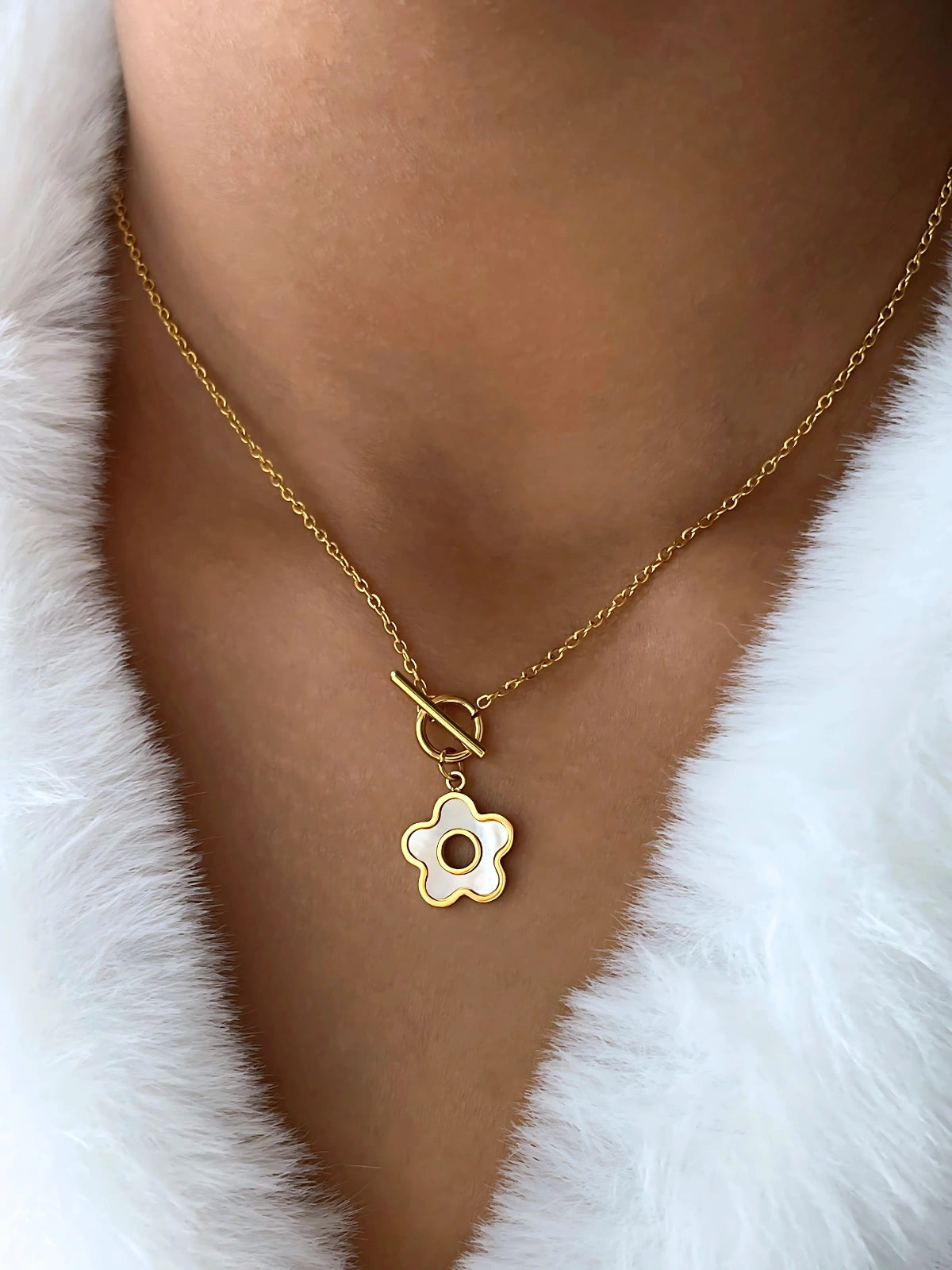 Aria Flower Necklace worn on neck — 18K gold-plated stainless steel chain (40 cm) by Shine With Me, styled look.