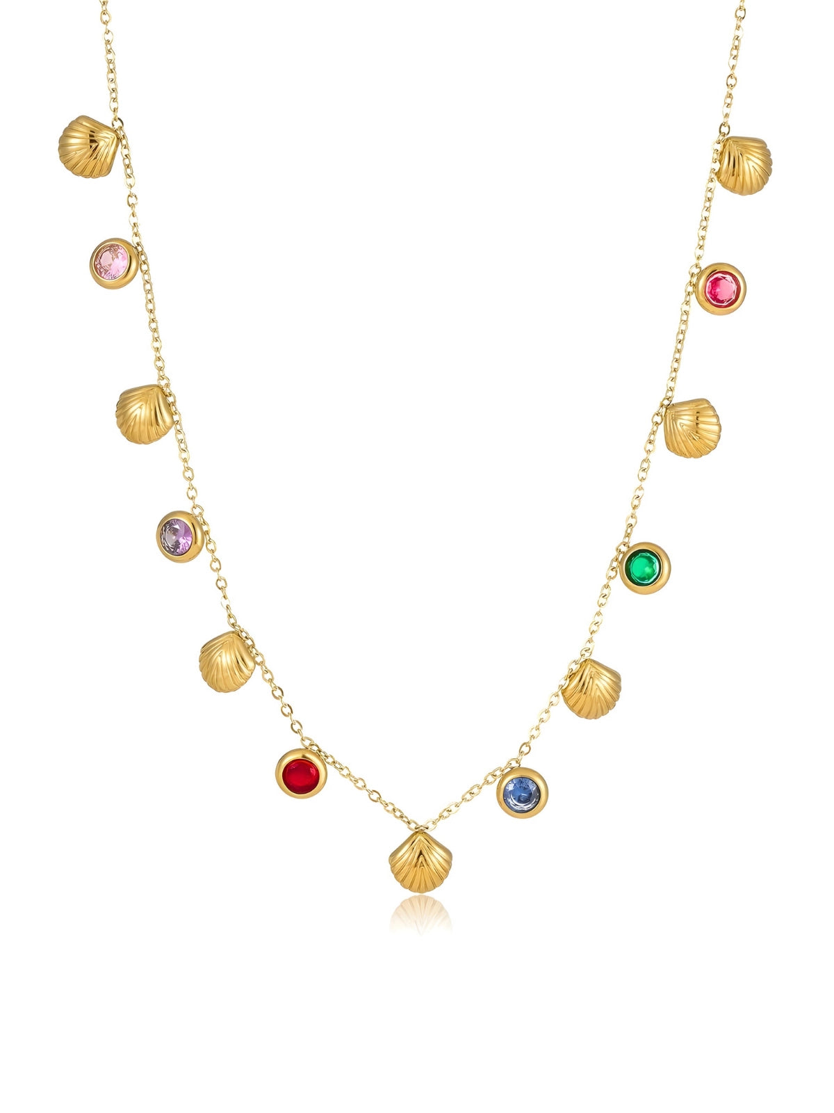 Bella Necklace – Front View-A gold-plated necklace with multiple circular pendants, each featuring a different color of cubic zirconia.