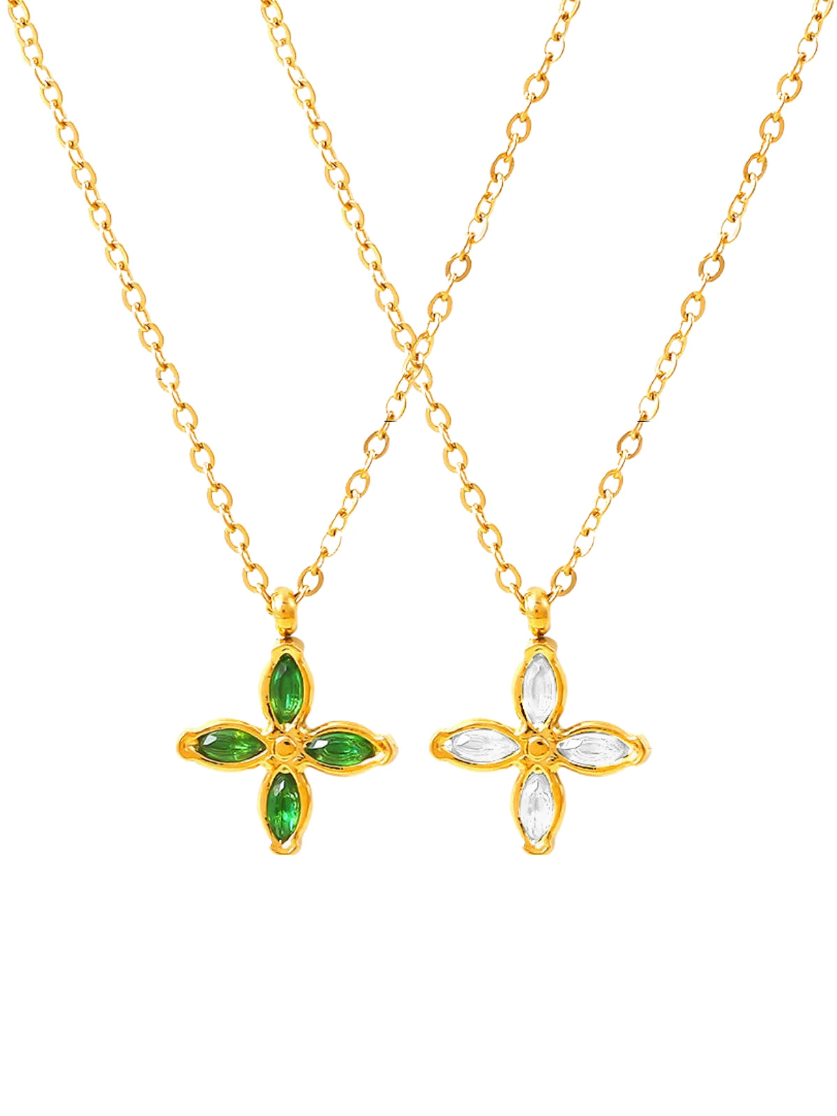 Belle Cher Necklace luxury 18K gold‑plated stainless steel by Shine With Me, front view showing the 11 mm pendant-Two gold necklaces with green gemstone pendants on a white background