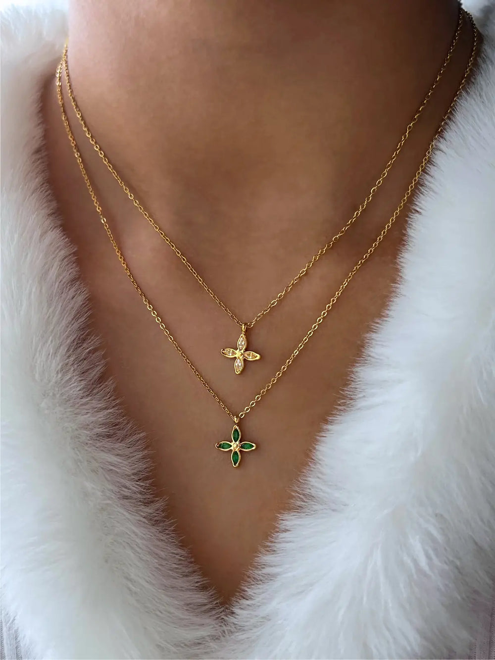 Belle Cher Necklace worn around neck — 18K gold‑plated stainless steel chain (40 cm + 5 cm) by Shine With Me, styled look in Clear variant.