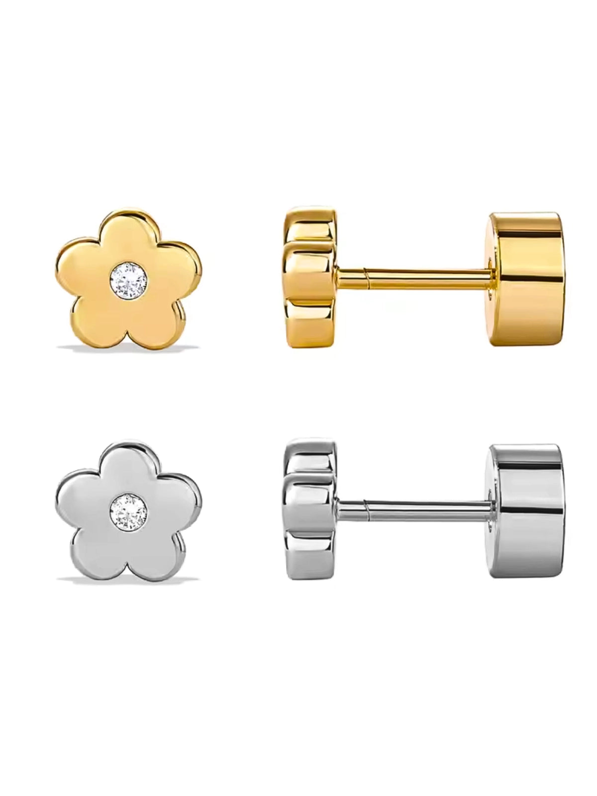 Bloom Stud Earring luxury 18K gold‑plated stainless steel stud by Shine With Me, front view — 8 mm size-Pair of gold and silver flower-shaped earrings on a white background