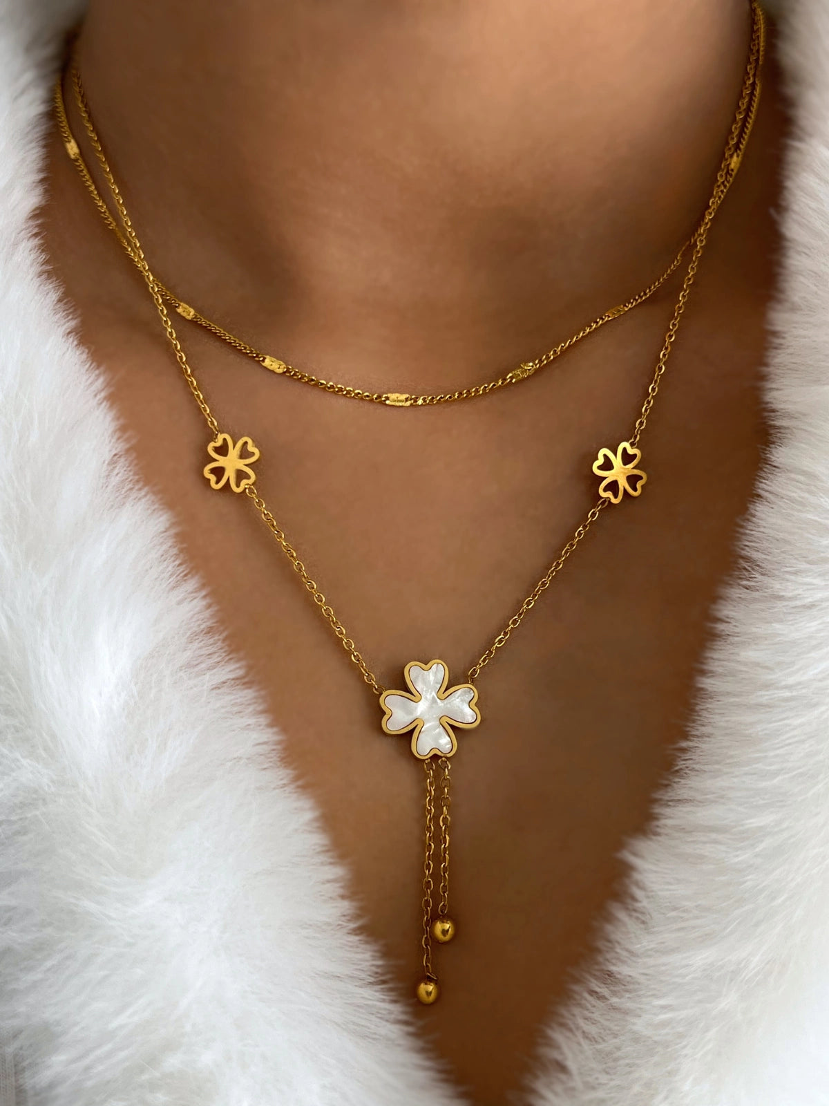 Boom Necklace worn on neck — 18K gold‑plated stainless steel (size approx 65 mm) by Shine With Me, styled look.