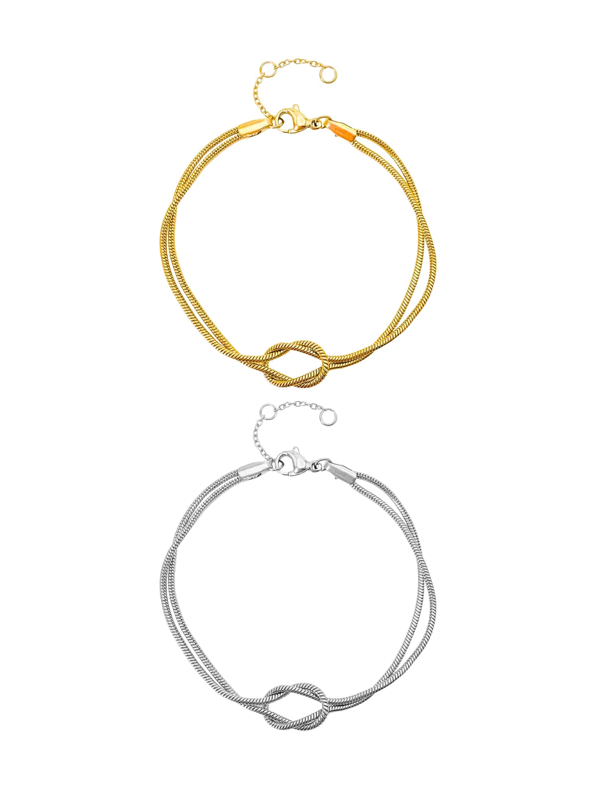 Bound Forever Bracelet by Shine With Me displayed in both Gold and Silver variants — 18K gold-plated stainless steel, size 17 cm + 6 cm.
