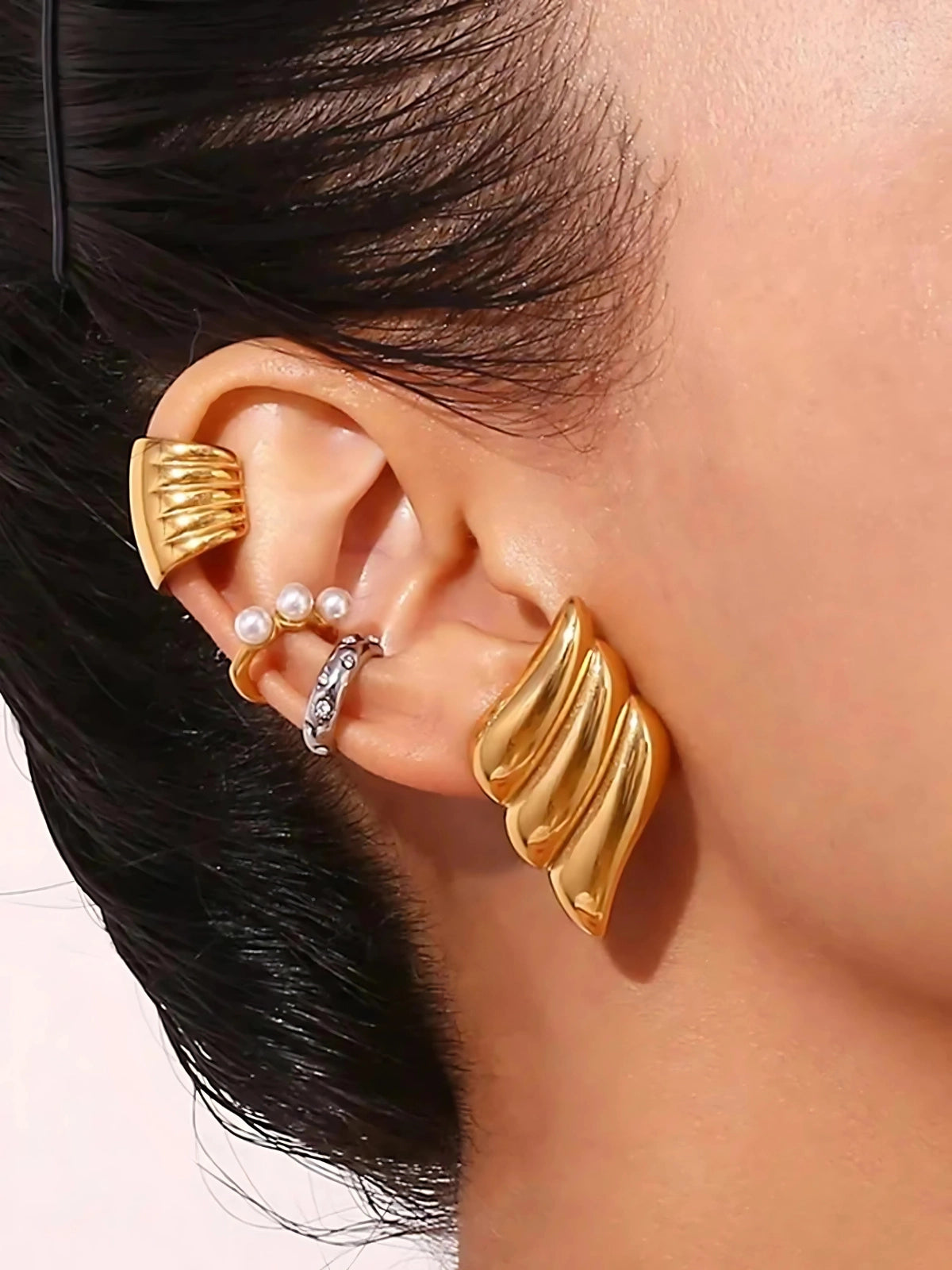 Camila Earring worn on ear — 18K gold‑plated stainless steel (20 mm × 35 mm, 11.5 g) by Shine With Me, styled look.