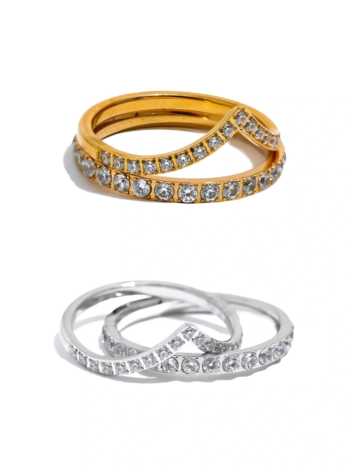 Camille Ring Two rings, one plated in gold with cubic zirconia stones, and the other in silver with a similar design, both displayed against a white background.