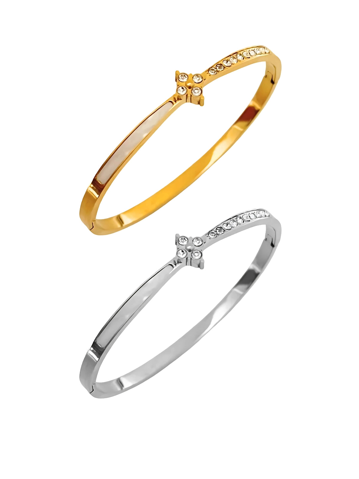 Clovelly Bangle luxury gold-plated bracelet by Shine With Me, front view with clover design and polished finish