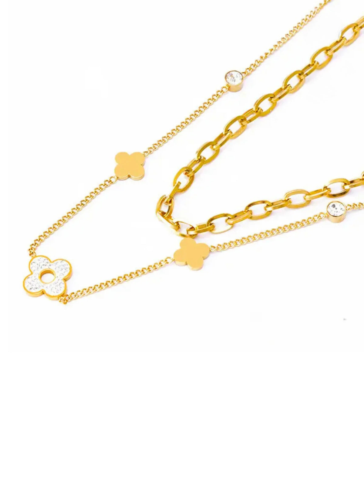 Clover Layered Necklace luxury 18K gold‑plated stainless steel by Shine With Me, front view showing layered clover design.