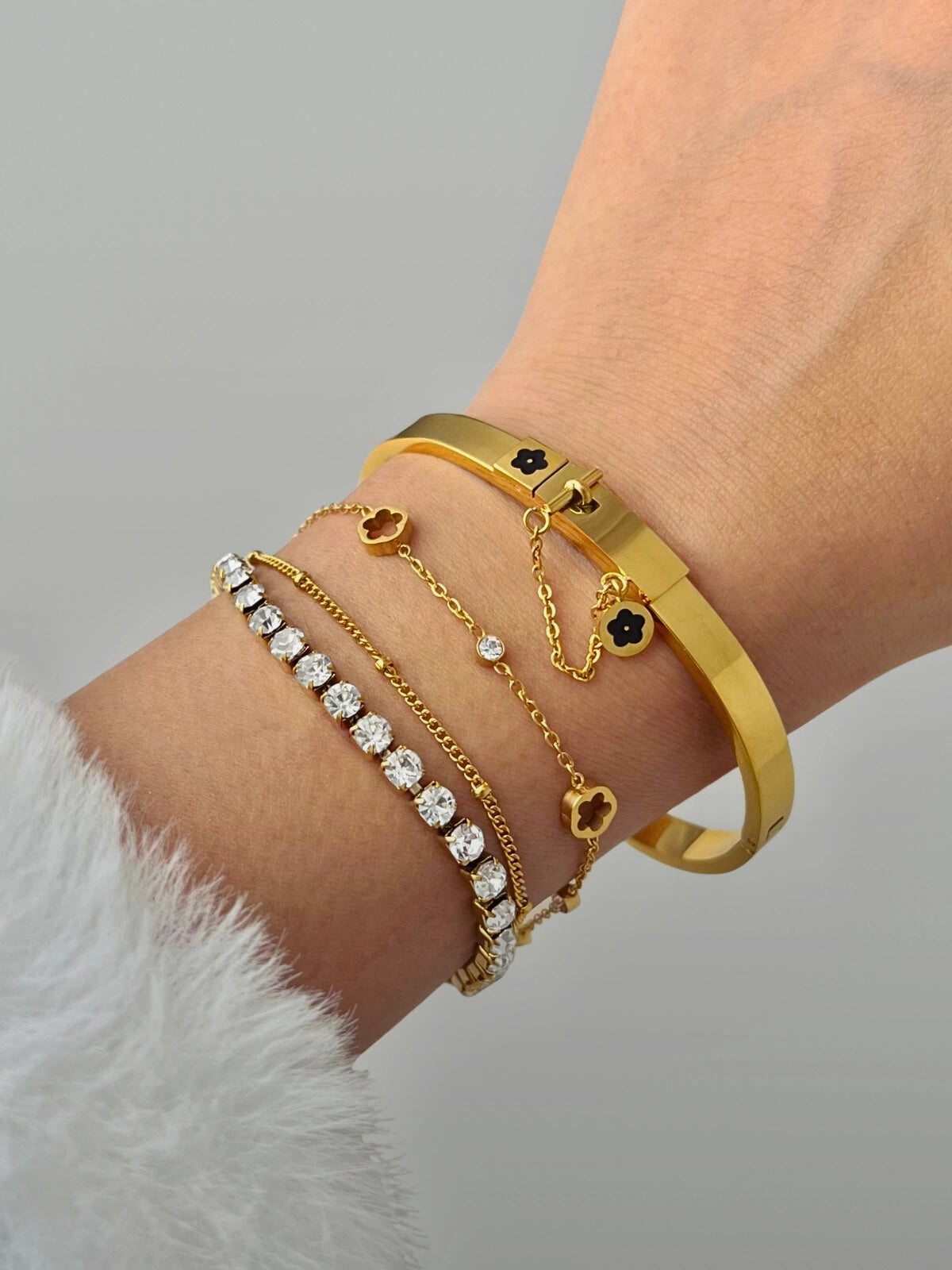 Close-up of Cosmic Bracelet by Shine With Me showing gold-plated finish, cubic zirconia accents and fine craftsmanship.