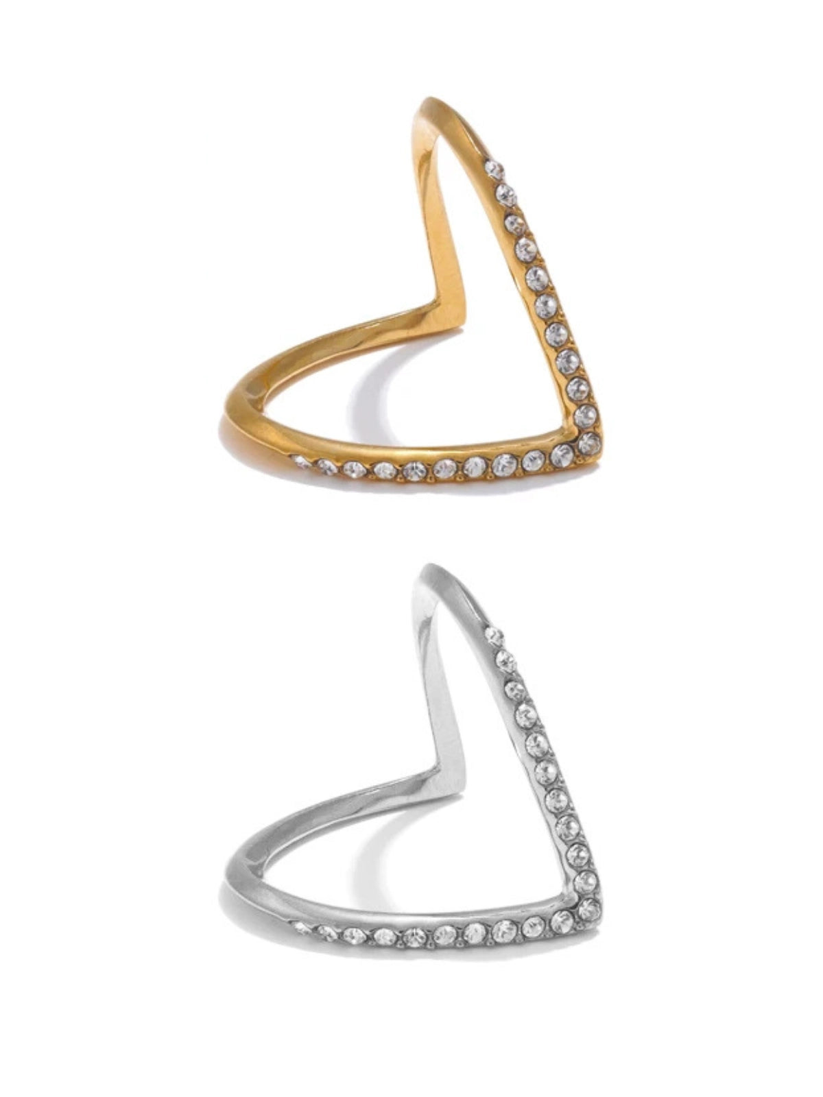 Crush Vow Ring – Front View-Two triangle-shaped rings, one gold and one silver, on a white background.