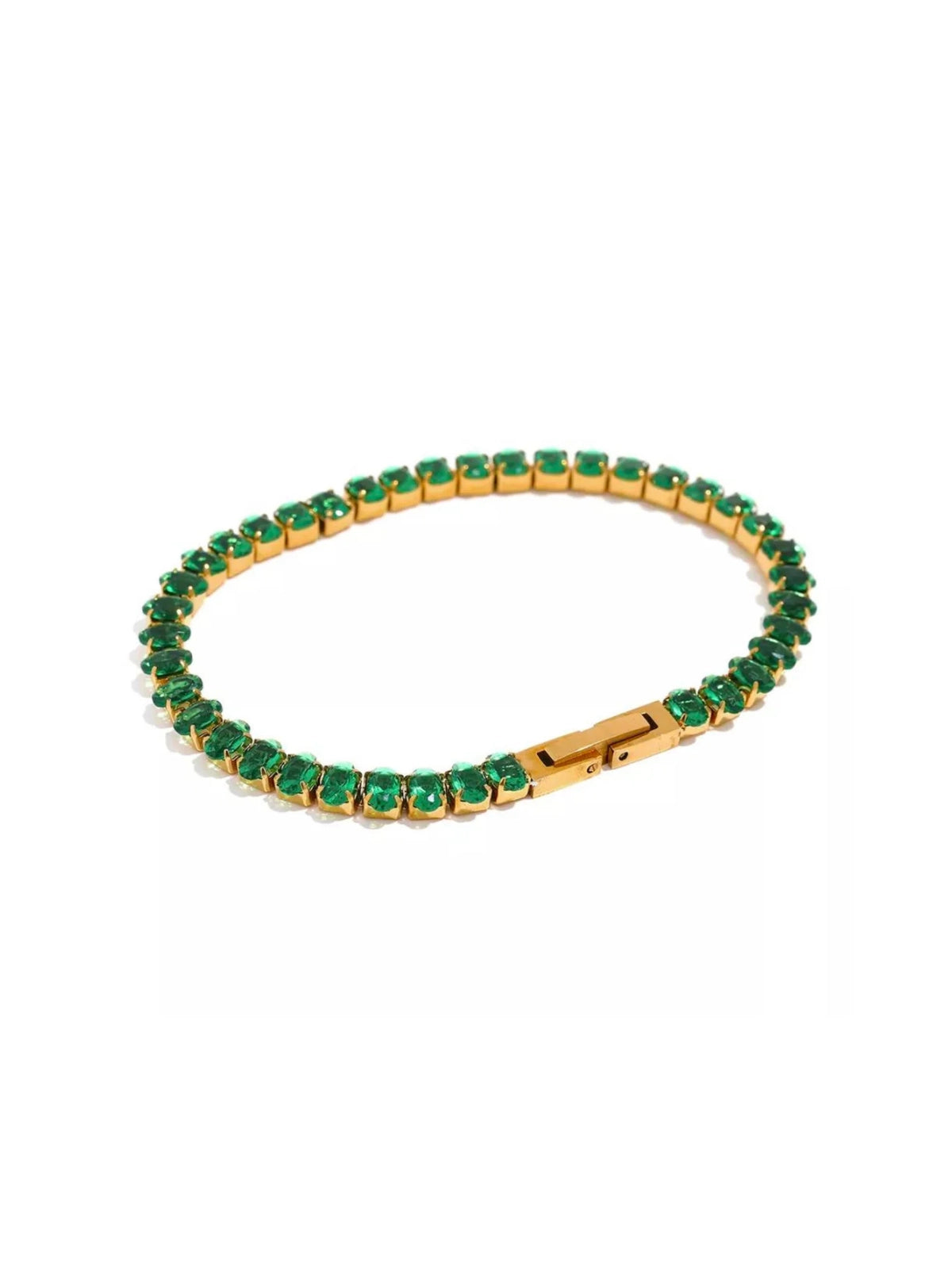 Daisy Chain Bracelet – Close-Up Detail-Gold bracelet with green gemstones on a white background