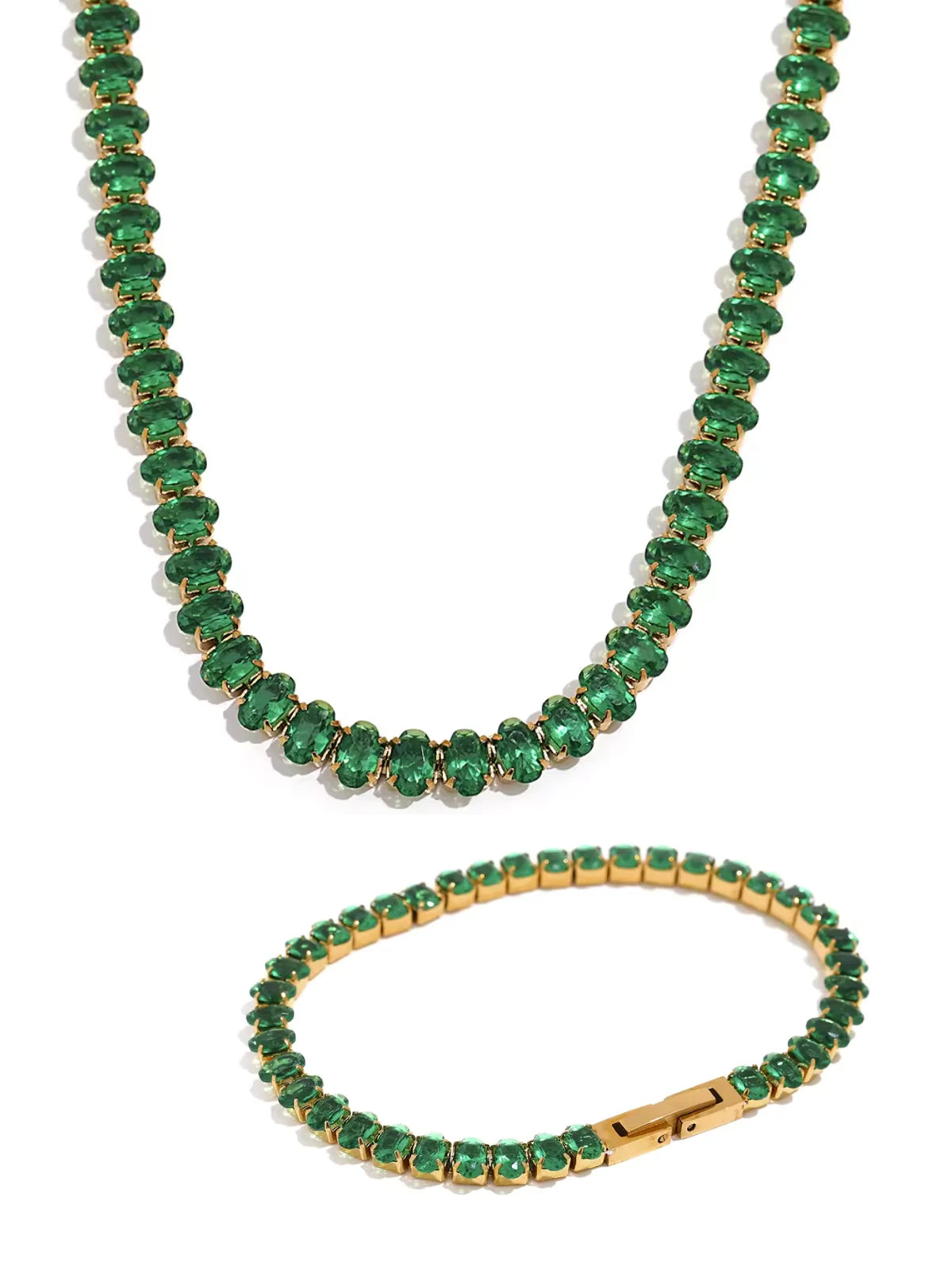 Daisy Chain Bracelet by Shine With Me displayed in Gold+Green variant — 18K gold-plated stainless steel with cubic zirconia, size 17.5 cm.