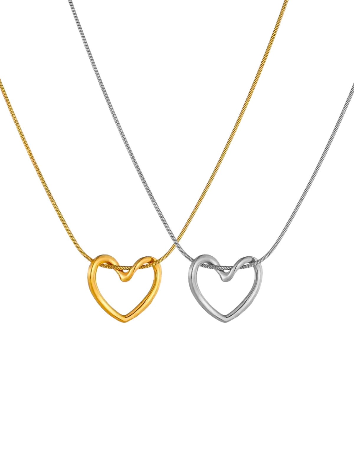 Darla Heart Necklace by Shine With Me shown in Gold and Silver variants — 18K gold‑plated stainless steel, chain size 42 cm + 6 cm, pendant size 18 mm.