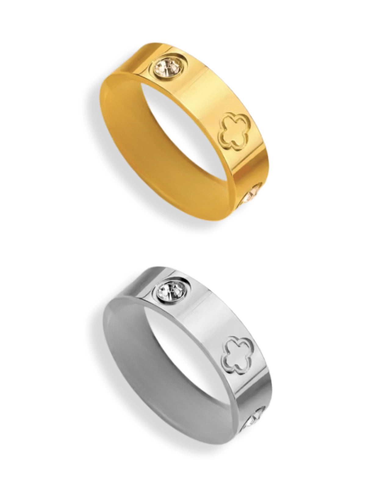 Dawn Ring – Front View-Two gold and silver rings with engraved designs on a white background