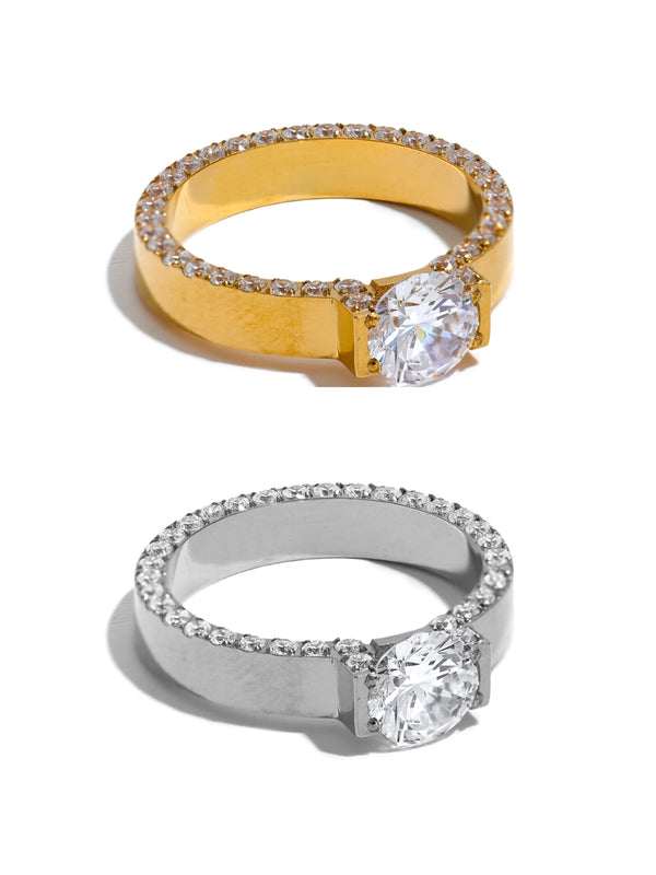 Dolores Ring – Front View-Gold and silver rings with diamond-like stones on a white background