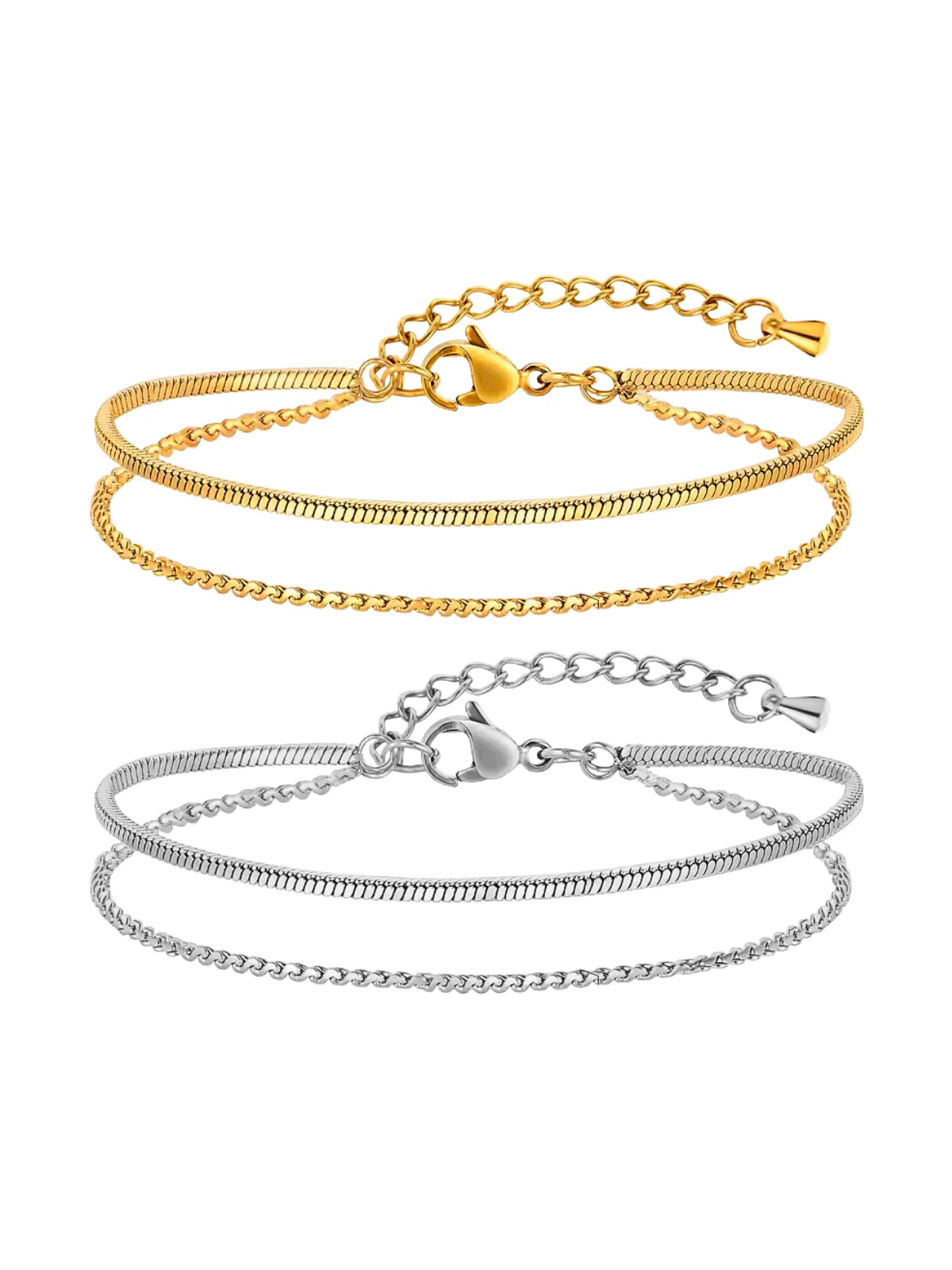 Dua Layered Bracelet by Shine With Me displayed in both Gold and Silver variants — 18K gold-plated stainless steel layered bracelet, ready for gifting.
